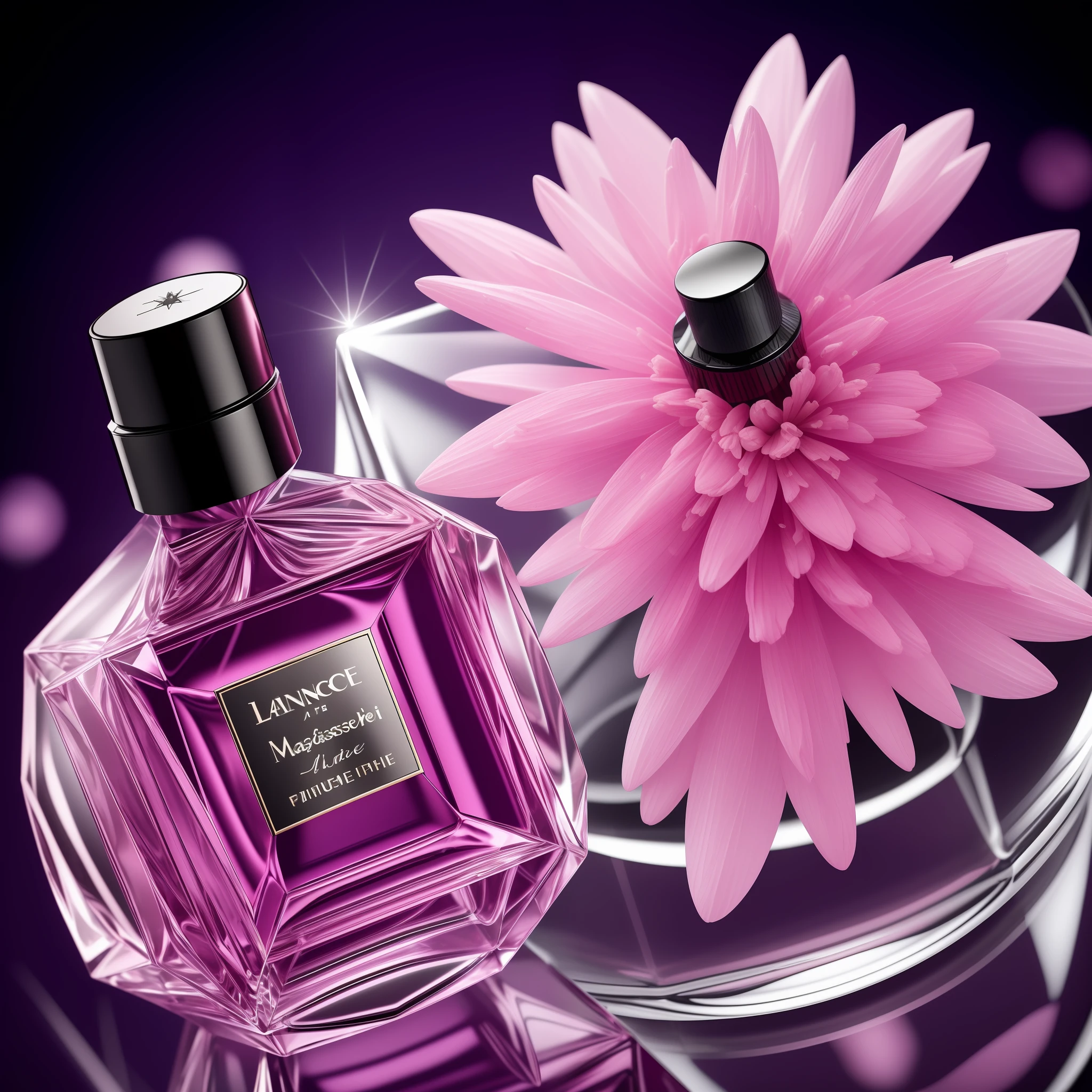 (Masterpiece: 1.2, Superb), (Real Shot, Finely Crafted, Depth of Field), (Perfume in Glass Bottle), (Perfume: 1.3), Perfume in the center, Lancome perfume, there is pink liquid in the bottle, black and exquisite multi-colored background