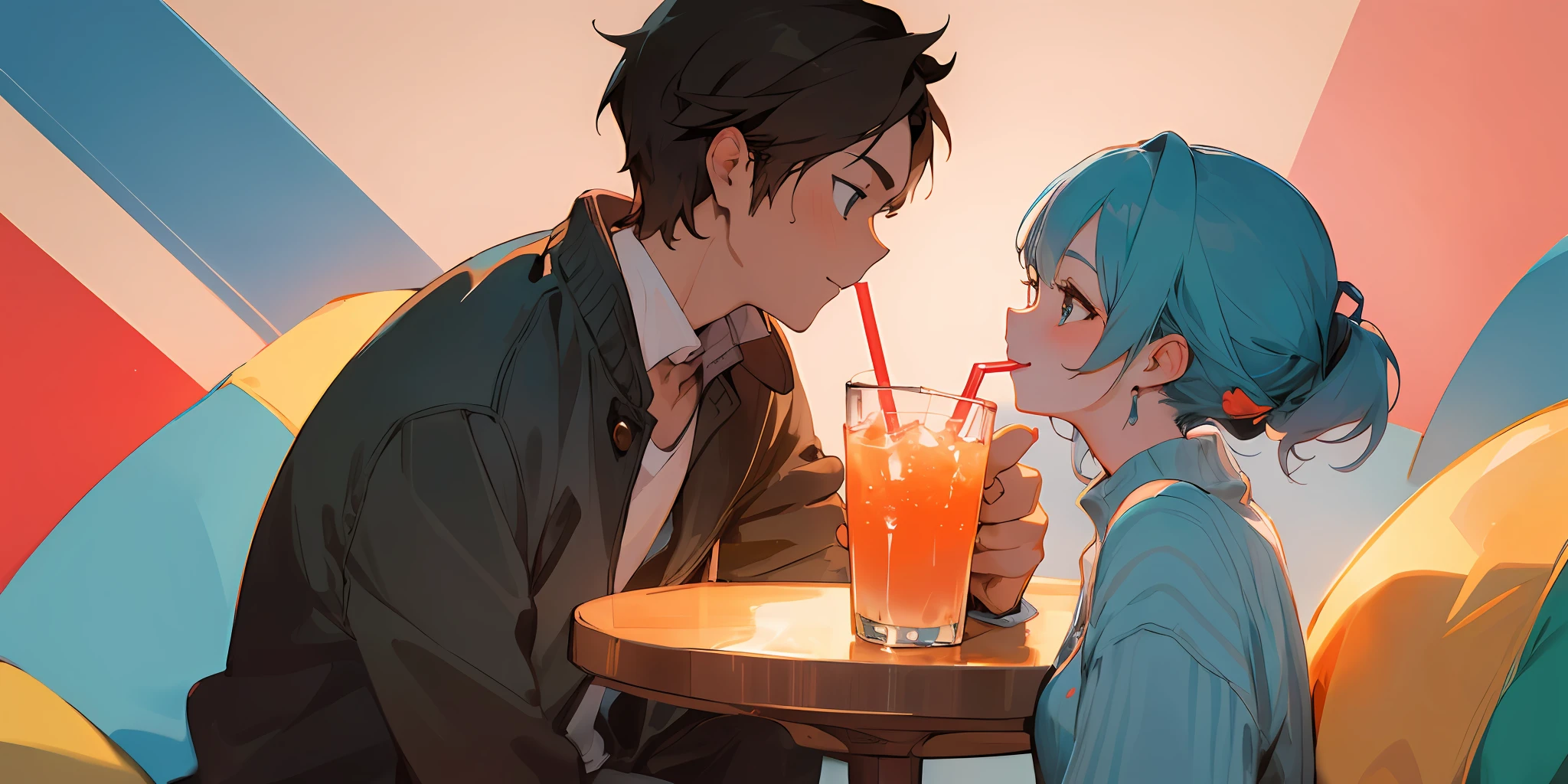 (Couple portraits) A man and a woman look at each other and are drinking the same drink through a straw. Love, warmth,