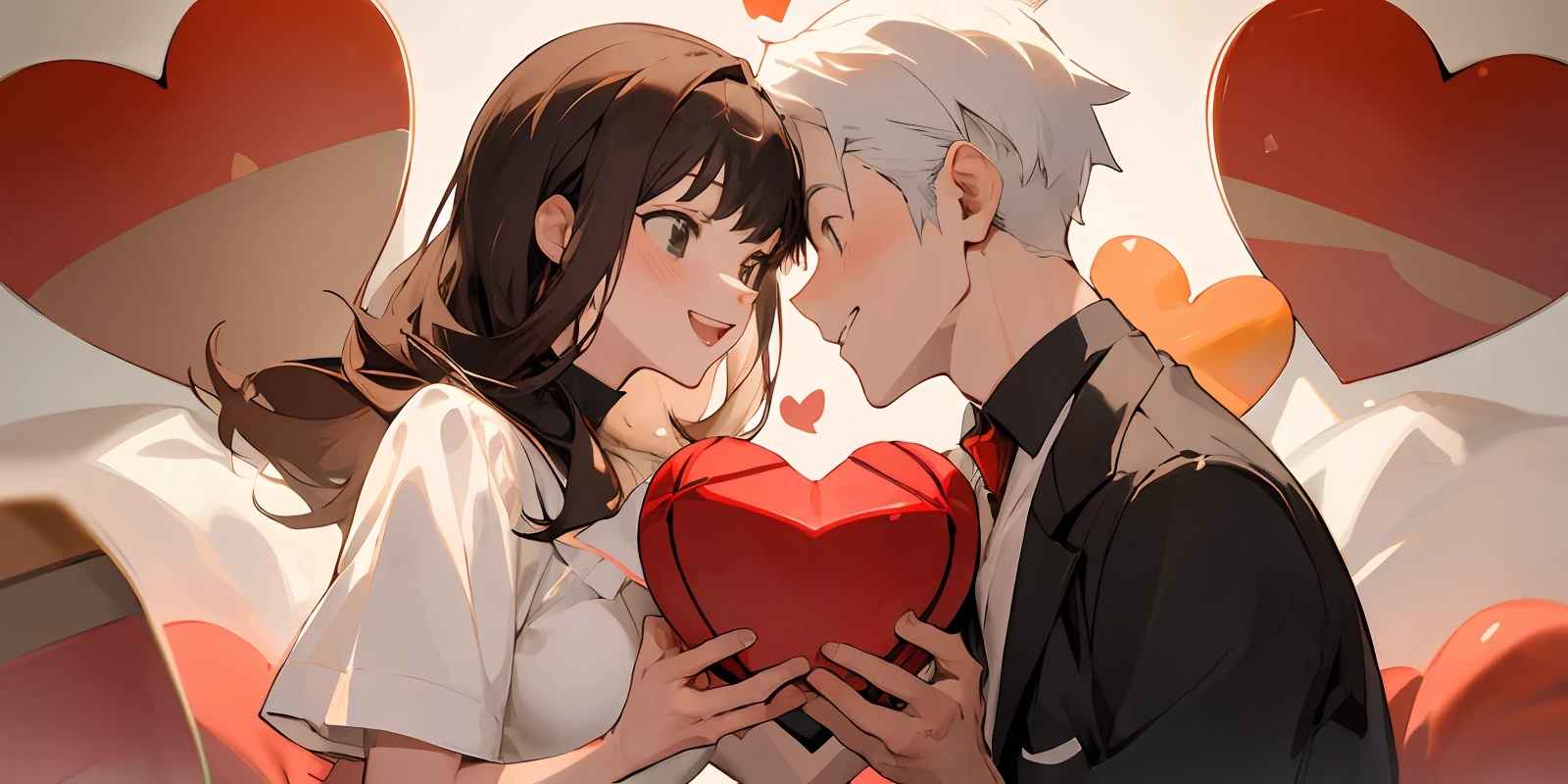 (Couple portrait) a man and a woman holding a gift box with a heart