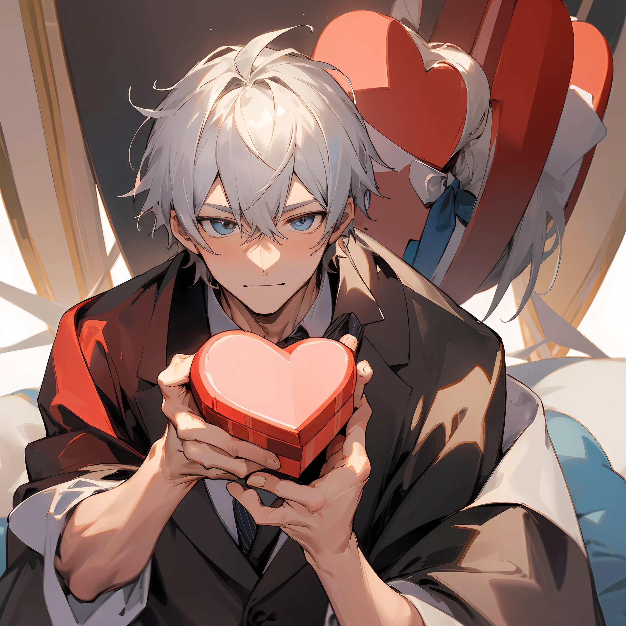 (Couple portrait) a man holding a gift box with a heart