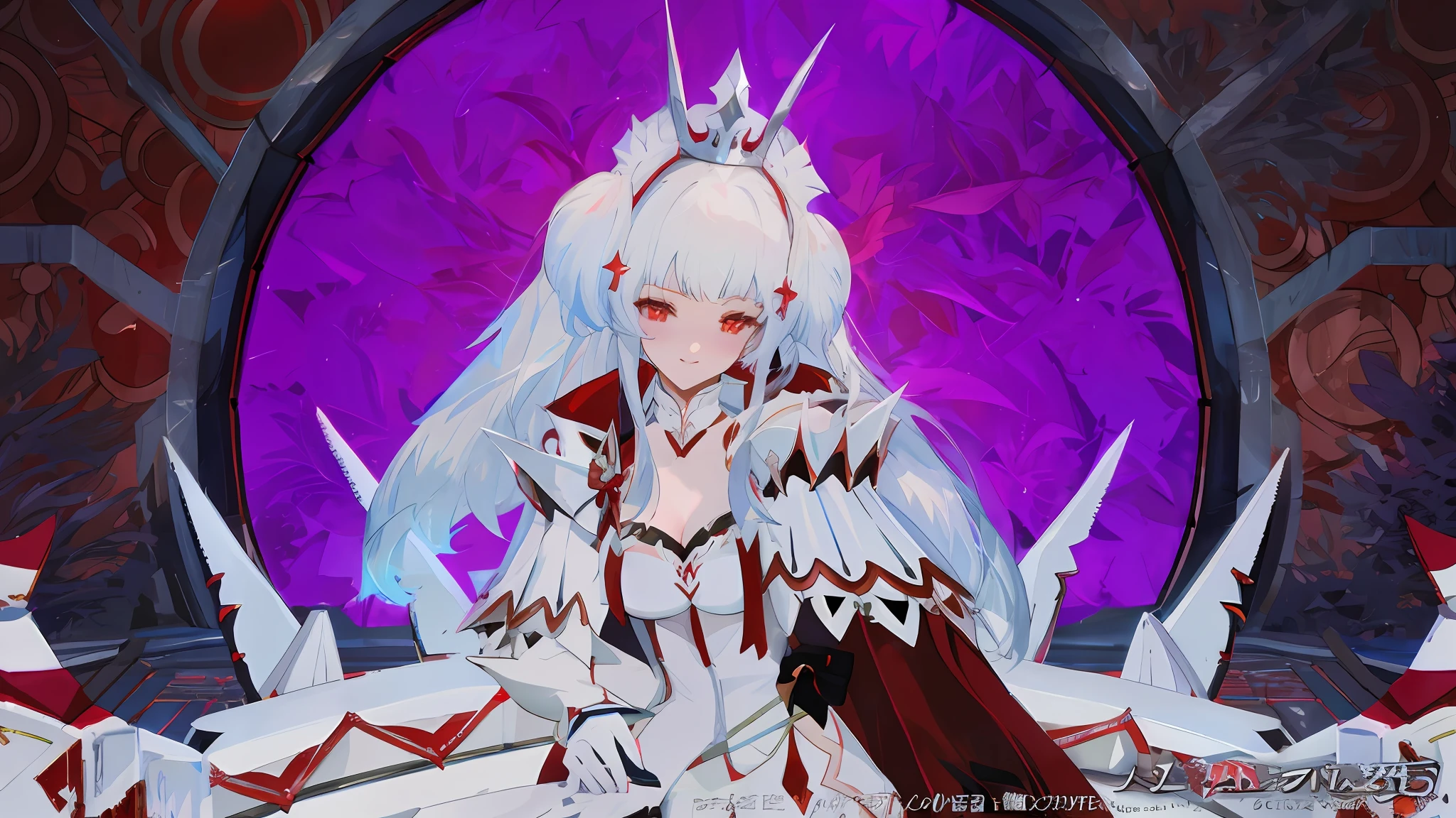 anime character dressed in white and red with wings and a sword, white horns queen demon, glossy white armor, white and red armor, ayaka genshin impact, sharp silver armor fuchsia skin, sliver ice color reflected armor, rei hino as a princess, matt white ice color armor, shalltear bloodfallen, ayaka game genshin impact, white haired deity, shiva pso2