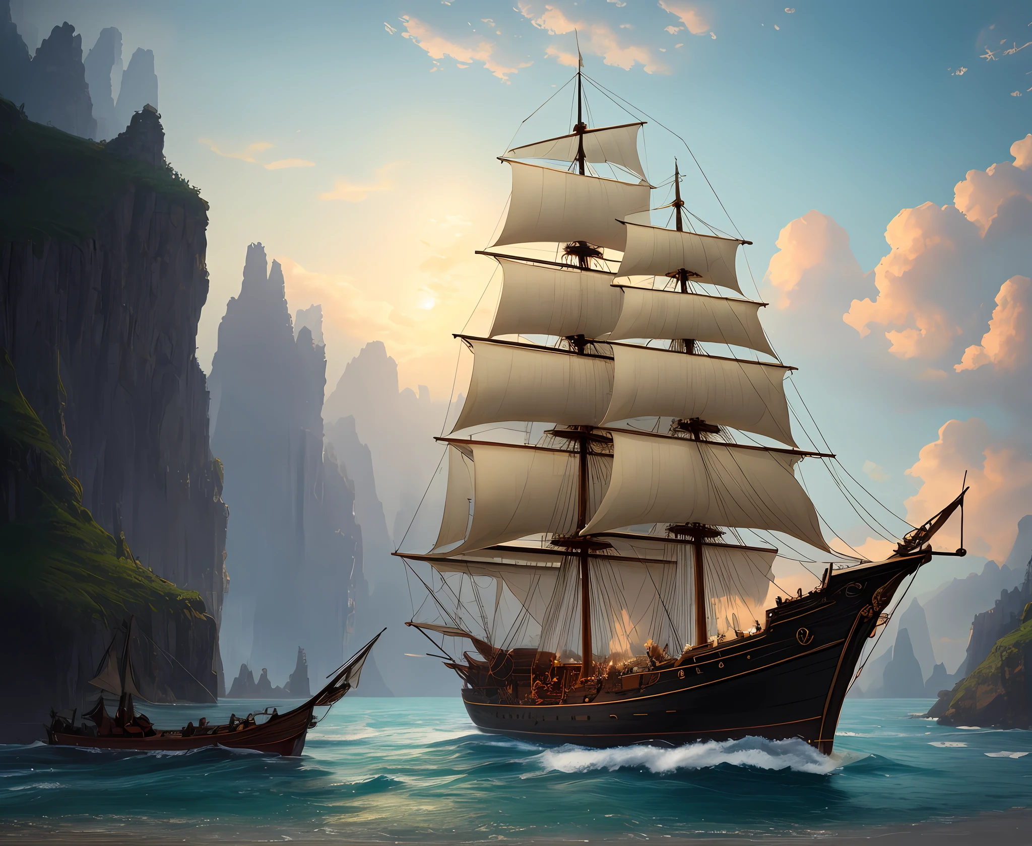 Arafed ship sailing in the ocean near a rocky cliff - SeaArt AI