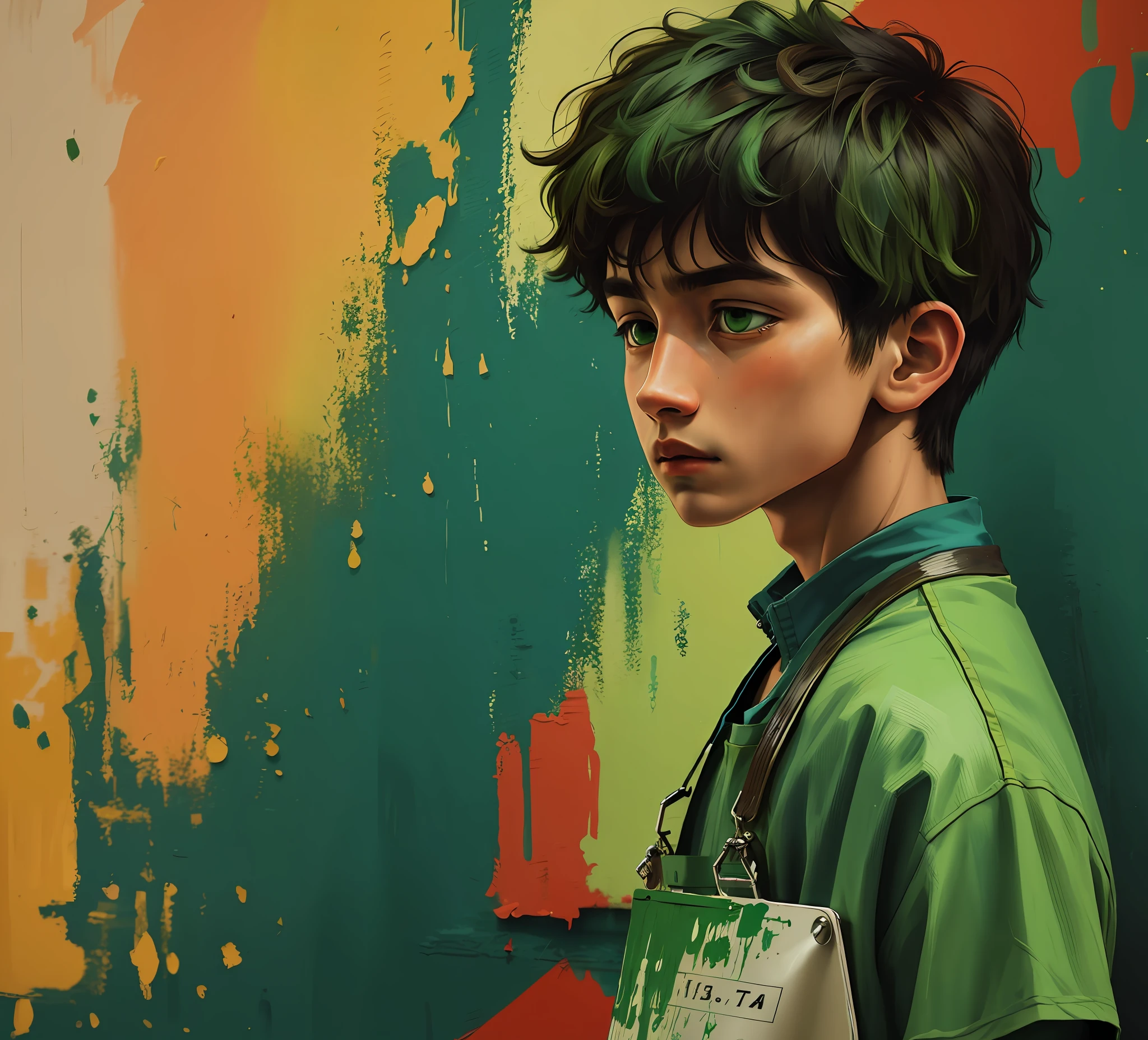 Melancholic boy, overall green painting, more conflicting colors,