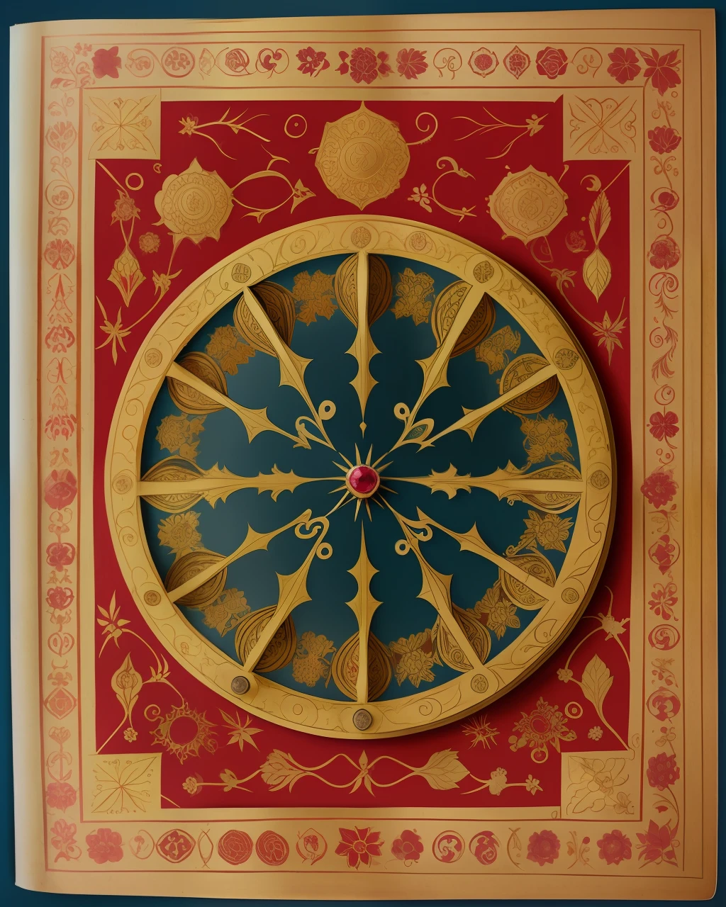 the front cover of an ancient medieval English codex, red and scarlet and burgundy and gold leather, gold title Kepora, ink title, tooling, gold furniture, rose illustration, floral illustration, rubies and gold, small arcane symbols, view from above, centred, extremely high details, scruffy:1.5, rough1:5, stained:1.5, bright natural colours:1.0