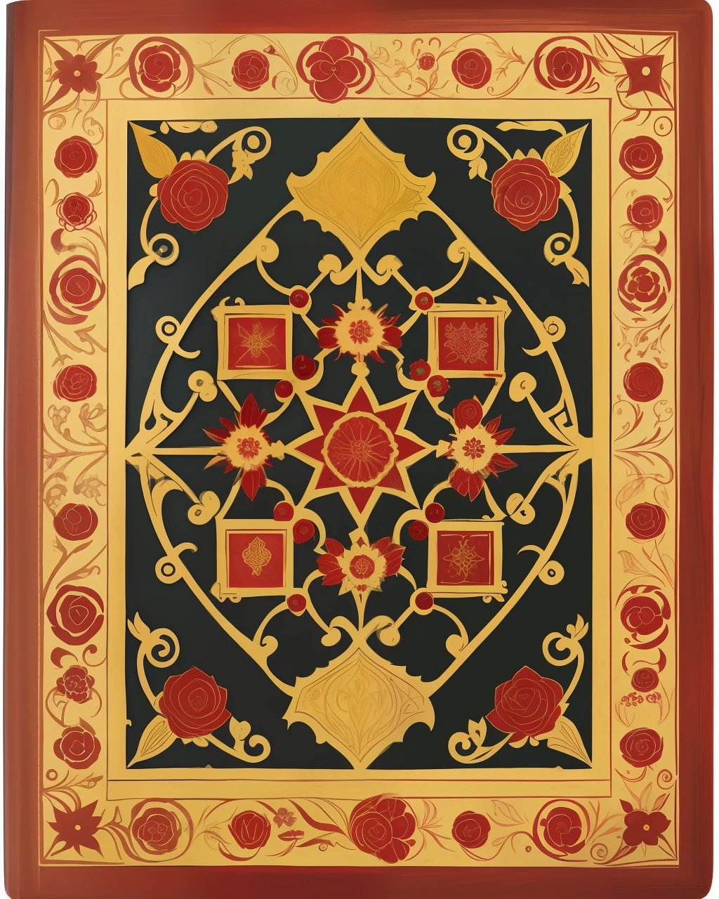the front cover of an ancient medieval English codex, red and scarlet and burgundy and gold leather, gold title Kepora, ink title, tooling, gold furniture, rose illustration, floral illustration, rubies and gold, small arcane symbols, view from above, centred, extremely high details, scruffy:1.5, rough1:5, stained:1.5, bright natural colours:1.0