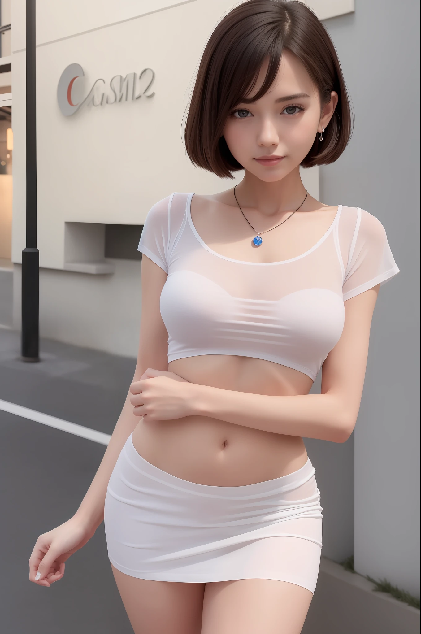 Best Quality, Ultra High Resolution, (Fidelity: 1.4), Hyper Realism, 1 Girl, Looking at Viewer, Smiling, Cute, Full Body, Street, Outdoors, Upper Body White Transparent T-Shirt, Pink Loose C Cup, The lower body is a beige short skirt with hips, supple skin, a cute and charming round face, very detailed, delicate clavicle, sapphire necklace, charming figure