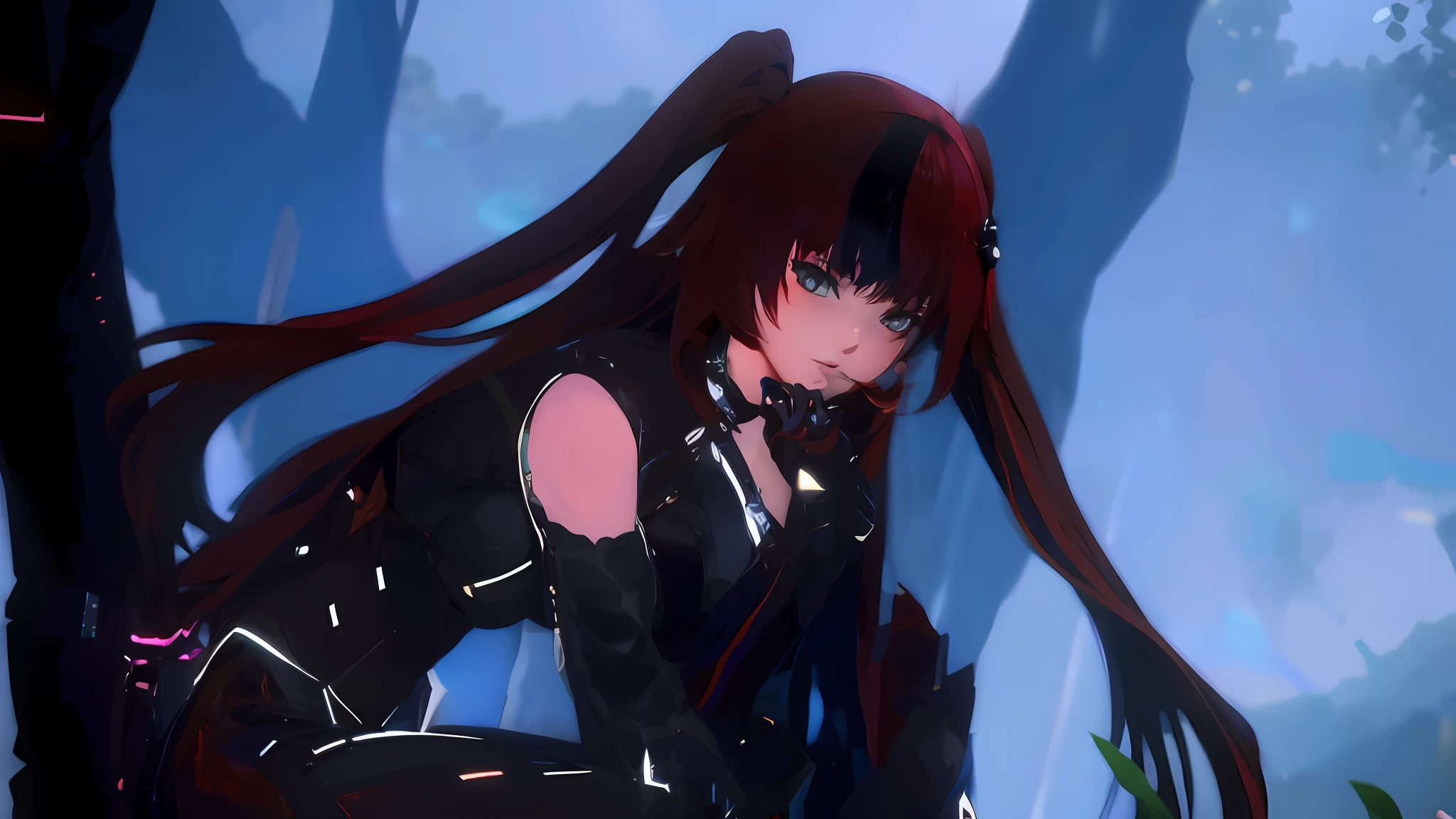 anime girl with long red hair and black leather outfit sitting on a rock, rendered in sfm, anime style. 8k, anime style 4 k, anime styled 3d, render of a cute 3d anime girl, stylized anime, 3d anime girl, 4 k octan render, badass anime 8 k, from the azur lane videogame