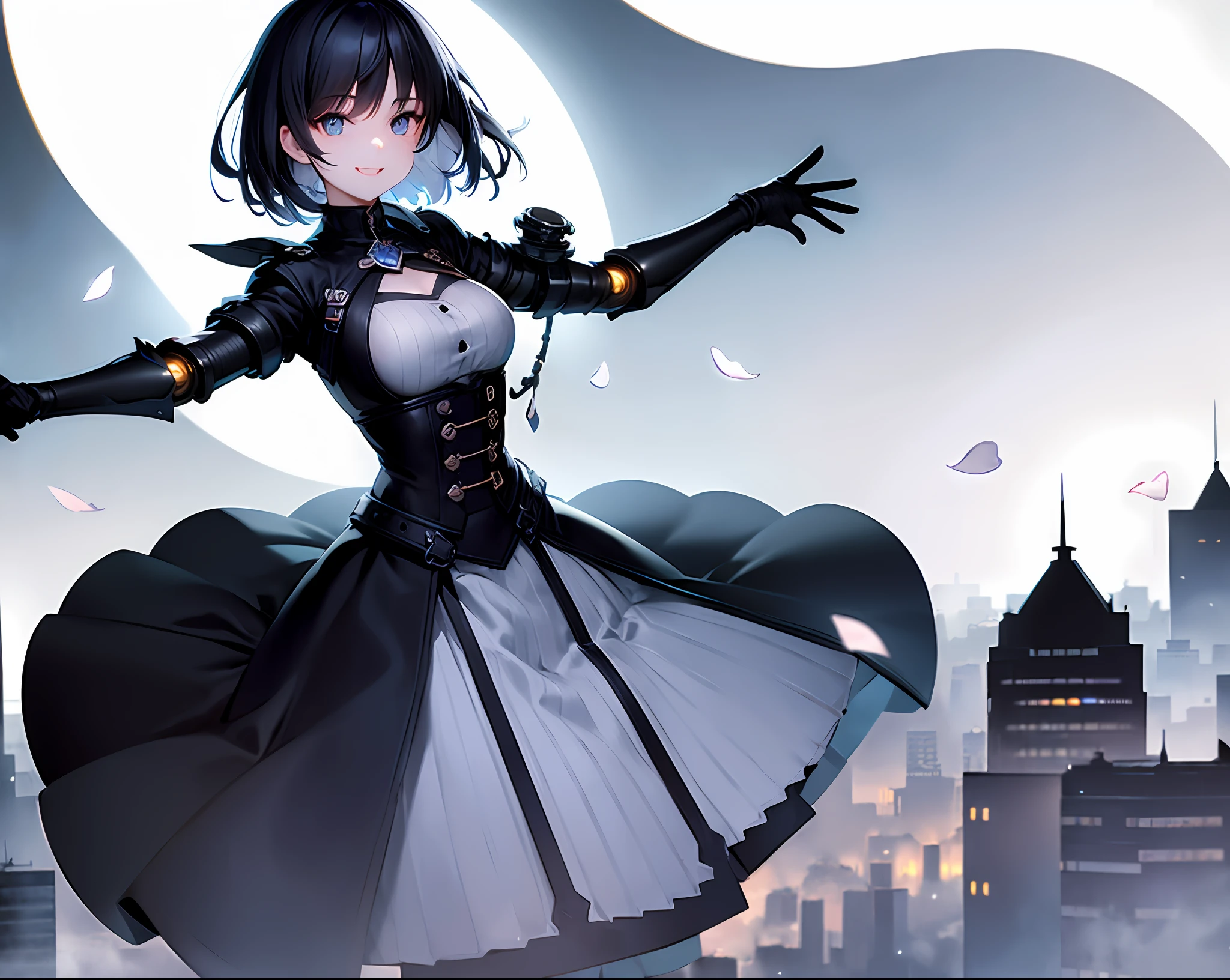[(white background:1.5),::5] (isometric:1.0), double exposure, bubble,
mid shot, full body,
//
masterpiece, best quality, 1girl, (colorful),(finely detailed beautiful eyes and detailed face),cinematic lighting,bust shot,extremely detailed CG unity 8k wallpaper,black hair, short hair,blue eyes,solo,smile,intricate skirt,robotic arm,((flying petal)),(Flowery meadow) sky, cloudy_sky, building, moonlight, moon, night, (dark theme:1.3), light, steampunk,looking at viewer,