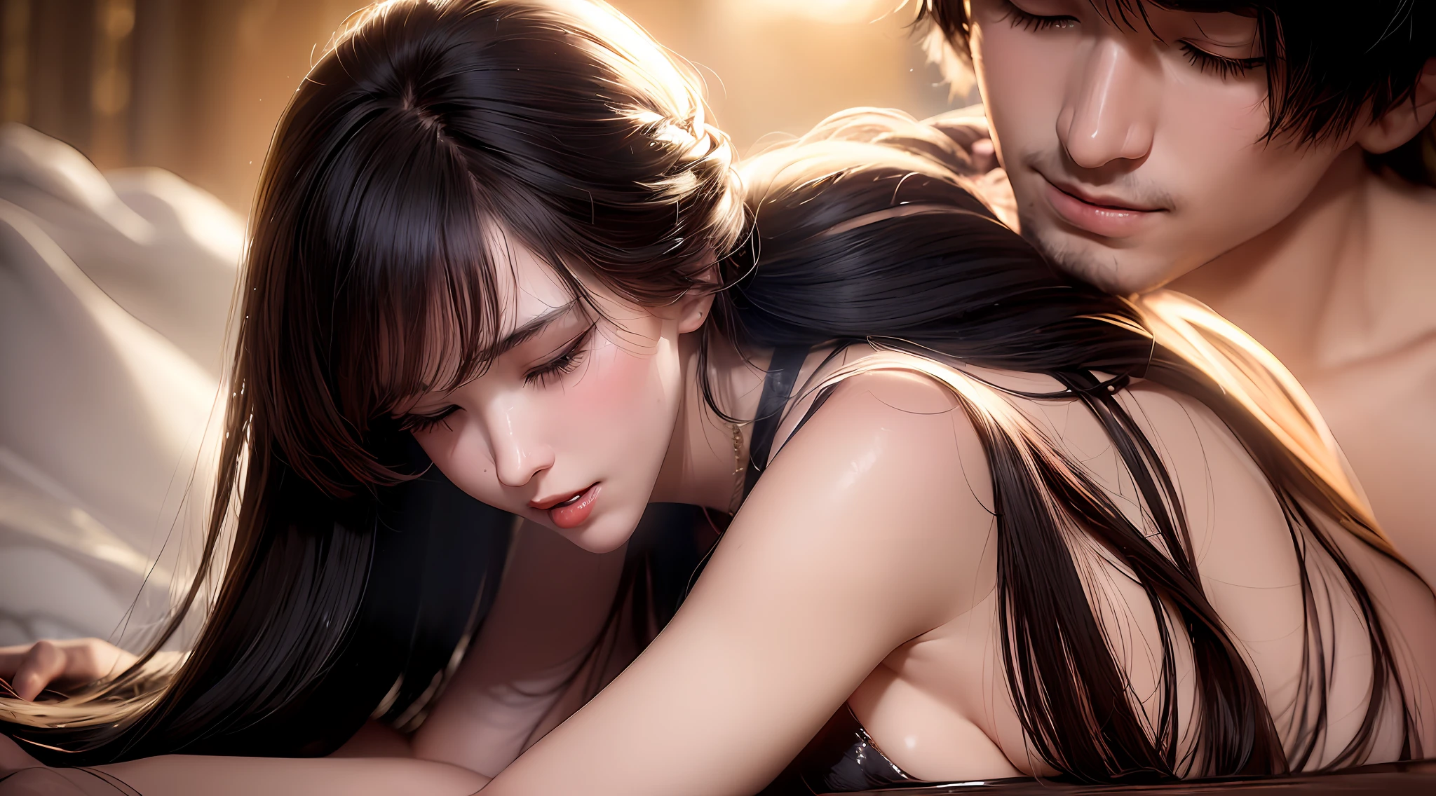 (a romantic and passionate kissing scene from the movie),(best quality, cinematic, best lighting and shadow),(close-up shot, extreme close-up shot),(1girl and 1boy),(long hair:1.2+suit), romantic, blurred background