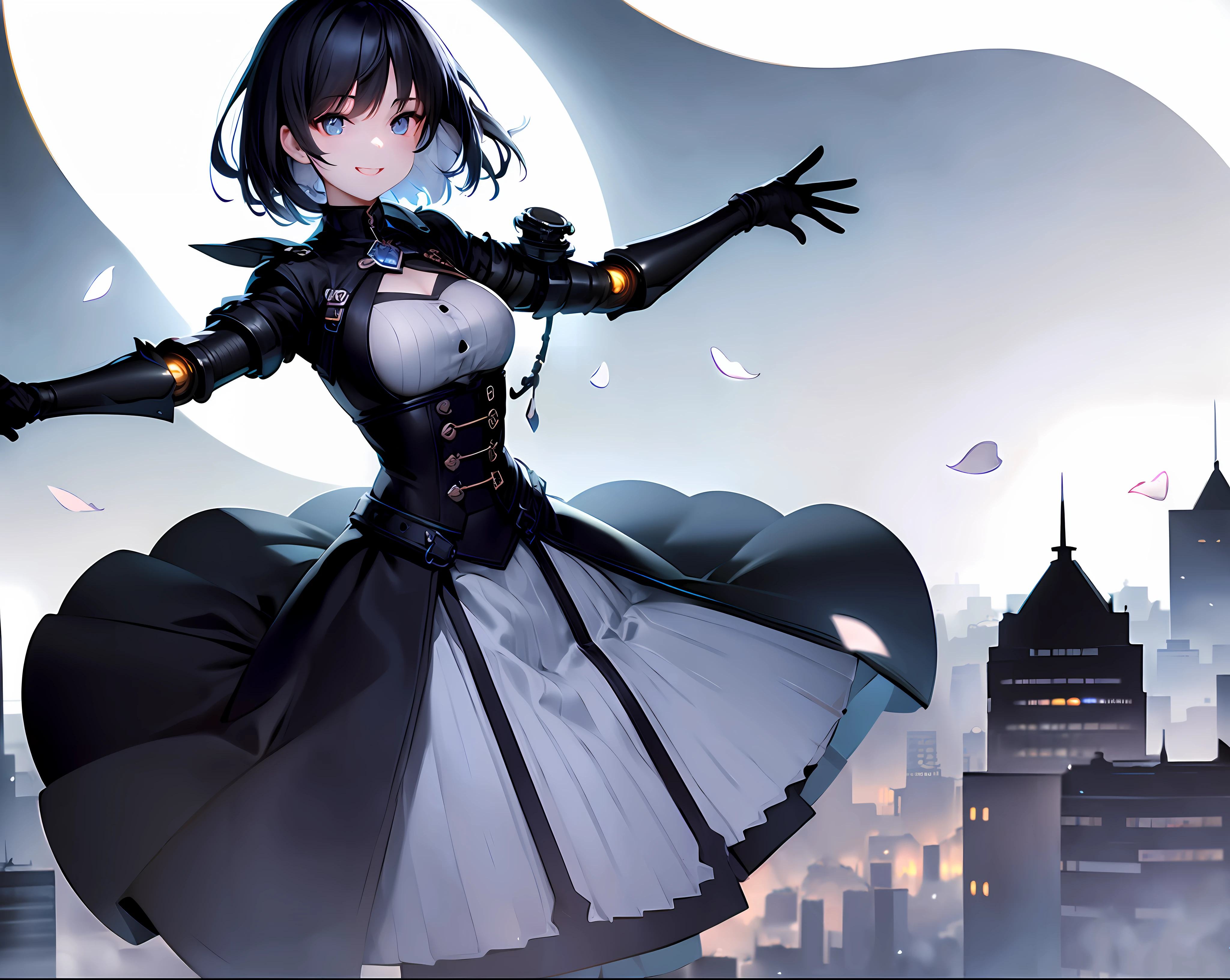 [(white background:1.5),::5] (isometric:1.0), double exposure, bubble,
mid shot, full body,
//
masterpiece, best quality, 1girl, (colorful),(finely detailed beautiful eyes and detailed face),cinematic lighting,bust shot,extremely detailed CG unity 8k wallpaper,black hair, short hair,blue eyes,solo,smile,intricate skirt,robotic arm,((flying petal)),(Flowery meadow) sky, cloudy_sky, building, moonlight, moon, night, (dark theme:1.3), light, steampunk,looking at viewer,