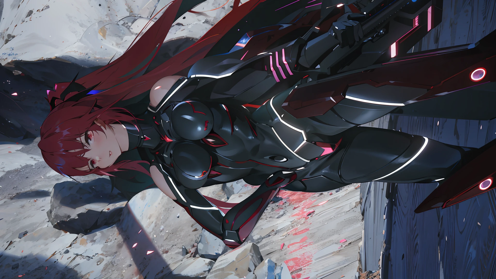 anime girl in black and red outfit standing on a rock, asuka suit under clothes!, black and red reflected armor, sharp silver armor fuchsia skin, fuchsia skin beneath the armor, fuchsia skin below the armor, shot from cinematic, 8 k character details, rendered in redshift, unreal engine render + a goddess, [ 4 k photorealism ]