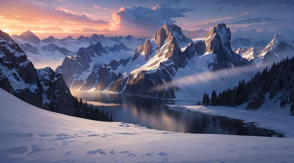 ((masterpiece,best quality,ultra detailed,ultra high res)),sunrise,alpine, floe,river,cumulonimbus cloud,woods,sunlight,chiaroscuro,
