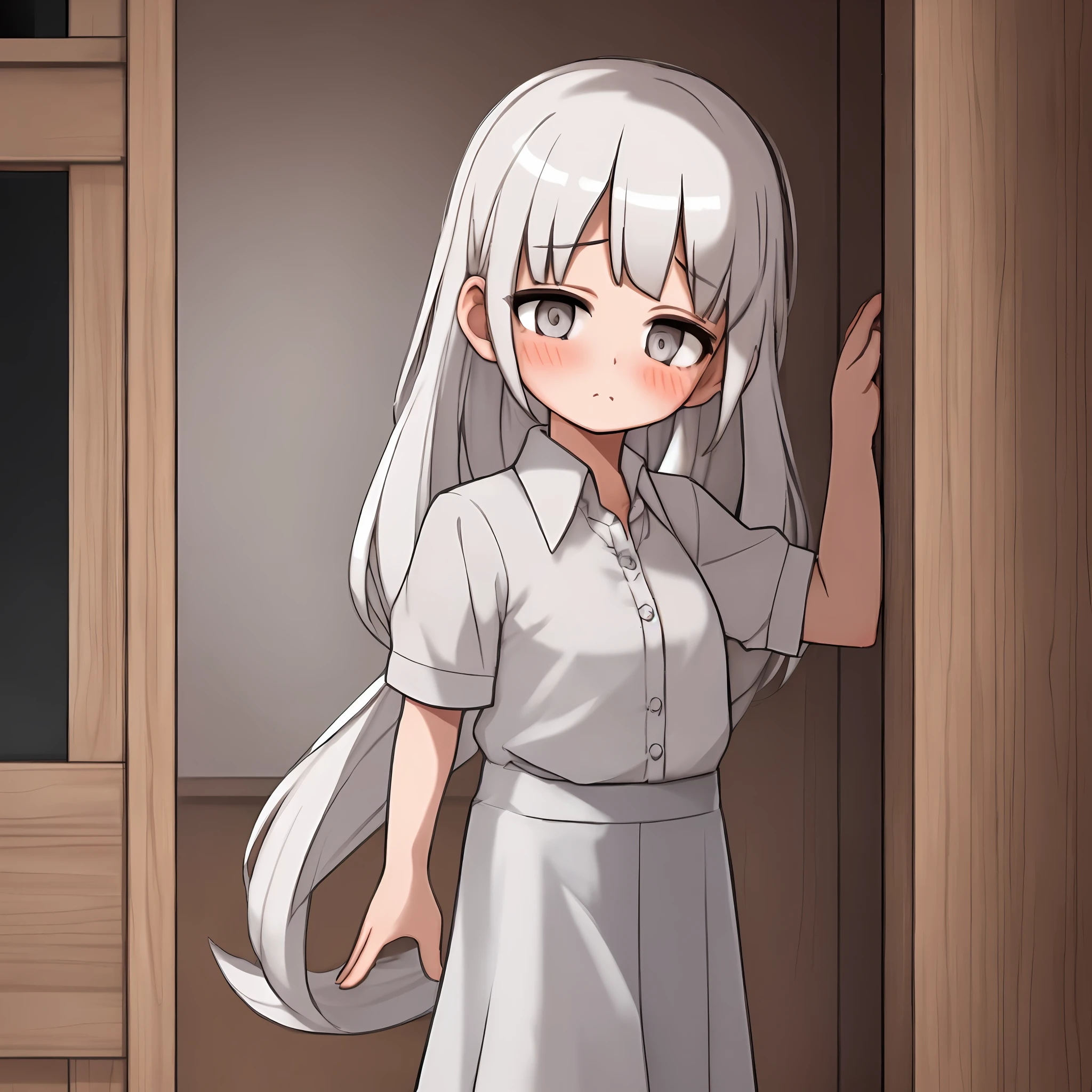 Girl in office clothes, white shirt, tucked into a ruffled long skirt, white hair, gray eyes, blush, wooden wall and window in the background