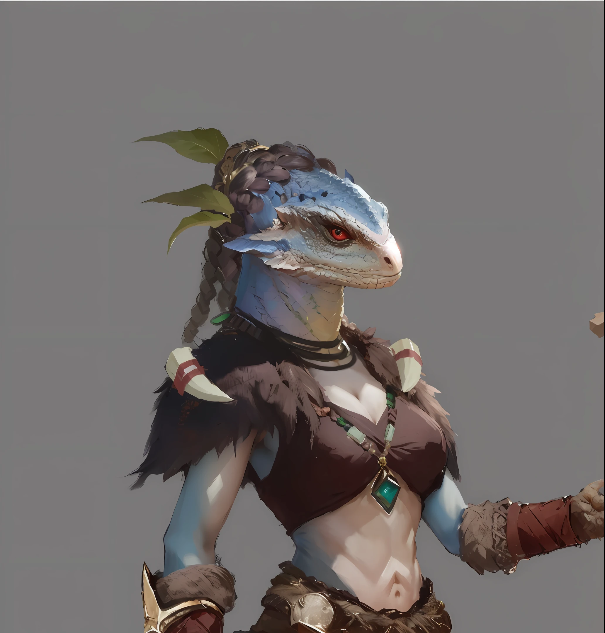 Female lizard person, braids, super detailed fantasy character, fantasy duck concept portrait, primal outfit, lizard head female assassin, female druid portrait, female goblin portrait, concept creature character art, amazing 8k character concept art, female humanoid biology