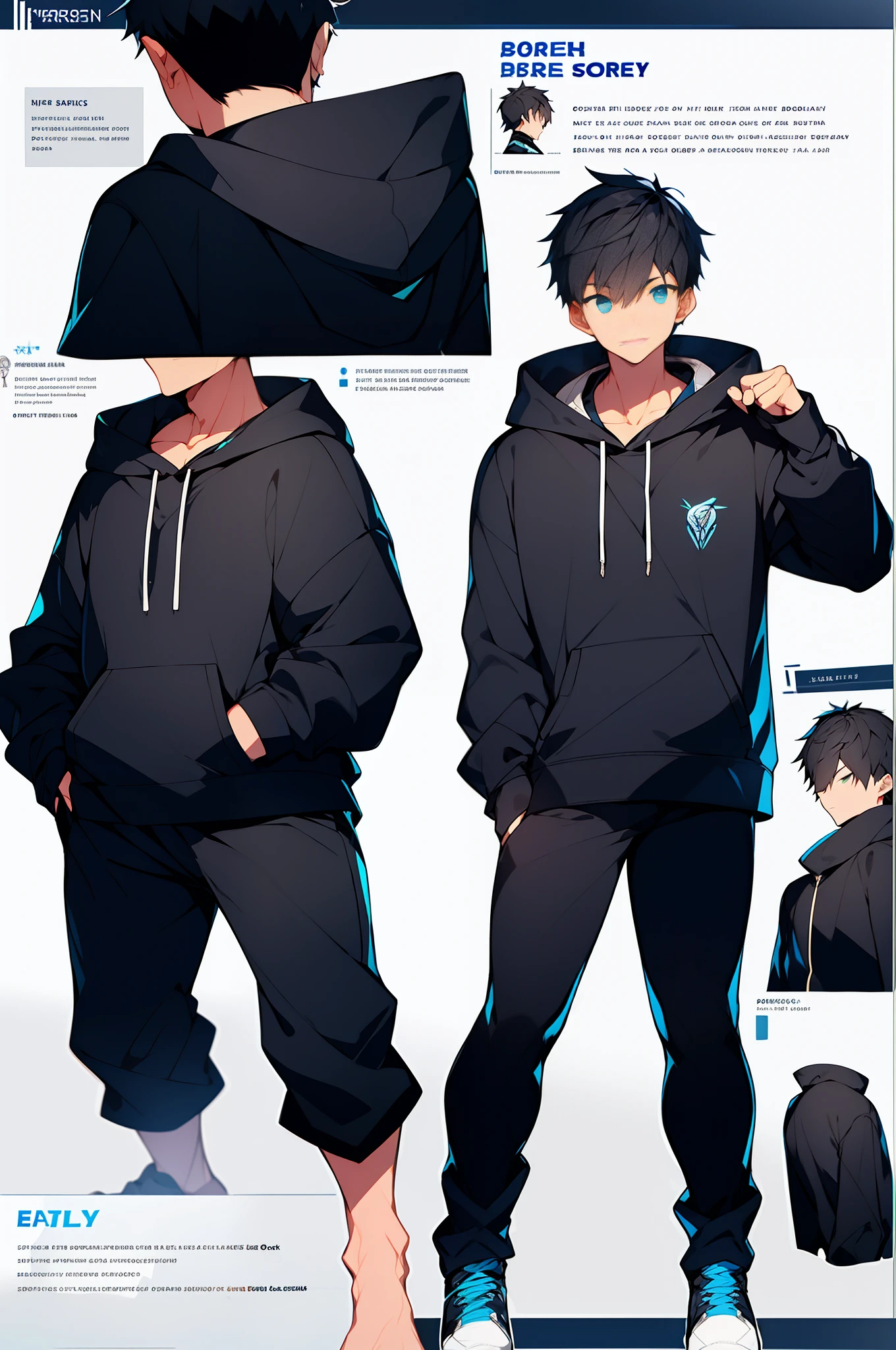 Teen age boy Character Sheet, highlighted dark hair ,default t - pose, orthographic front, hyper detailed body parts ,slender body ,wearing dark blue hoodie and black pant , character portrait, body portrait, highly detailed, 64k, animated, --tall:1.1.5
