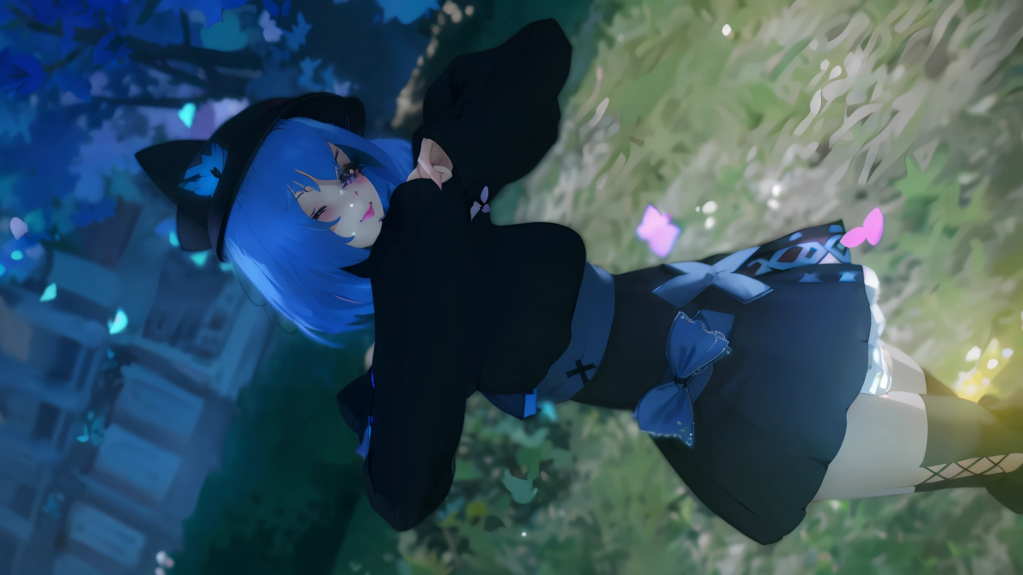 black hat, short blue hair, black one piece sweater, miniskirt, waist ribbon blue, blue sash, blue accessories, hands together, black laced thigh highs, body shot, wink, purple eyes, smile, cat pin on hat, pink butterflies, grass background, blue trees background, yellow butterflies, depth of field, Phantasy Star Online 2, Conversion, Anime girl, zettai ryouiki, one eye closed, blue cross stitches, crossed legs, heart with hands, cat eared hat, (masterpiece, blue thin eyebrows, black eyelashes, pink lips, one eye open, anime style, official artwork, (best quality, high resolution), gorgeous