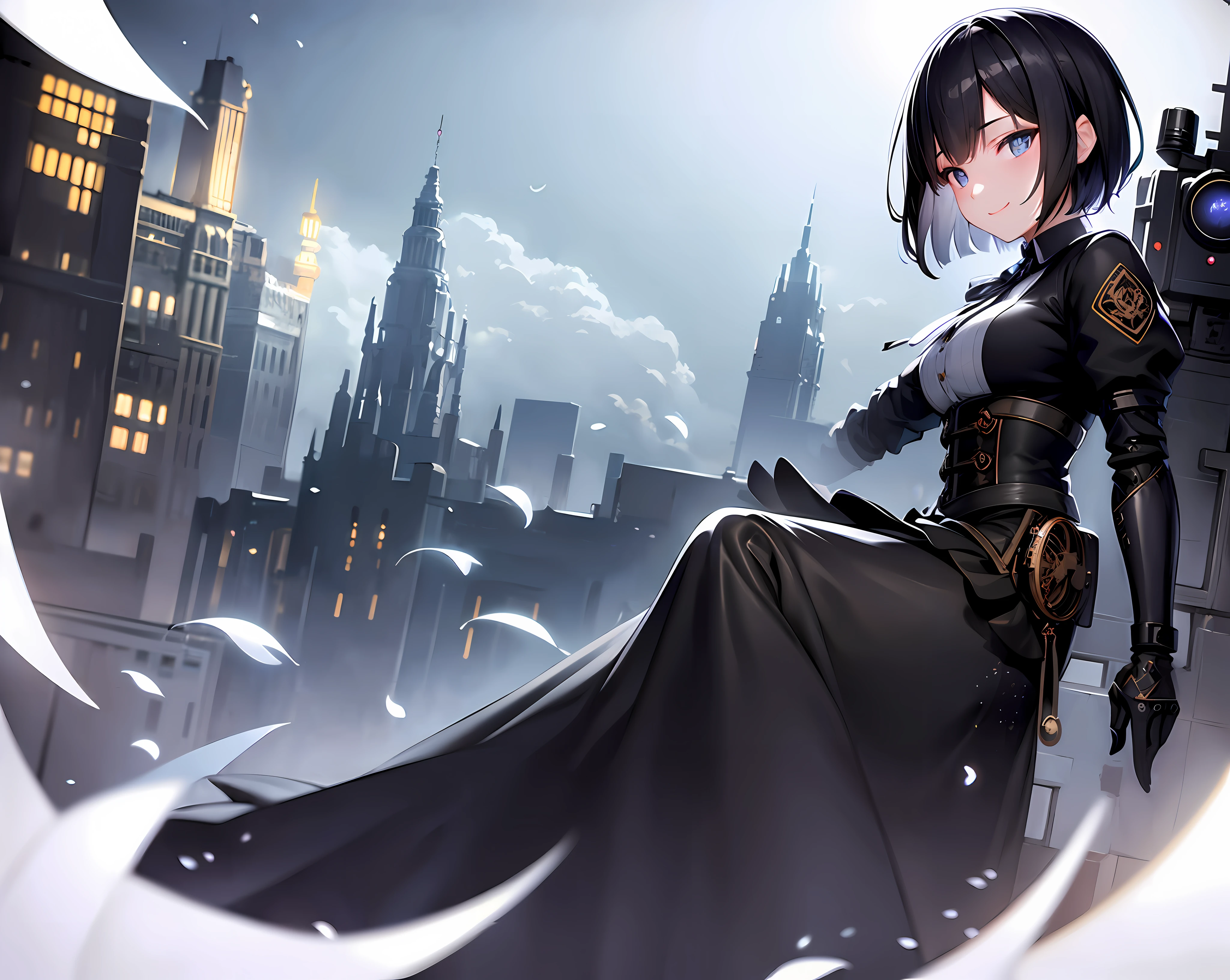 [(white background:1.5),::5] (isometric:1.0), double exposure, bubble,
mid shot, full body,
//
masterpiece, best quality, 1girl, (colorful),(finely detailed beautiful eyes and detailed face),cinematic lighting,bust shot,extremely detailed CG unity 8k wallpaper,black hair, short hair,blue eyes,solo,smile,intricate skirt,Steam punk style one robotic arm,((flying petal)),(Flowery meadow) sky, cloudy_sky, building, moonlight, moon, night, (dark theme:1.3), light, steampunk,looking at viewer,