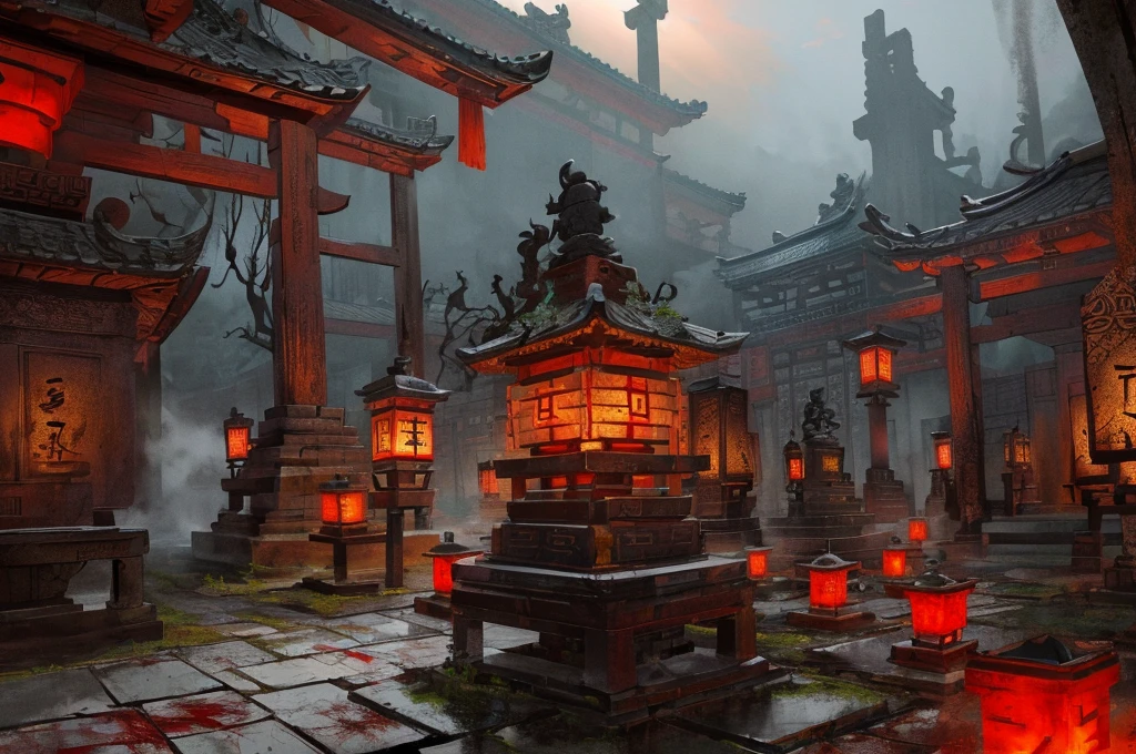 Ancient Chinese scenery, temple, (mysterious black fog), Journey to the West, ((keel)), ((corpse)), (dilapidated), (battlefield)), (blood), glazed tiles, Buddha statue, lantern, absurd, realistic Lighting, (Abyss) masterpiece, high quality, beautiful graphics, high detail,