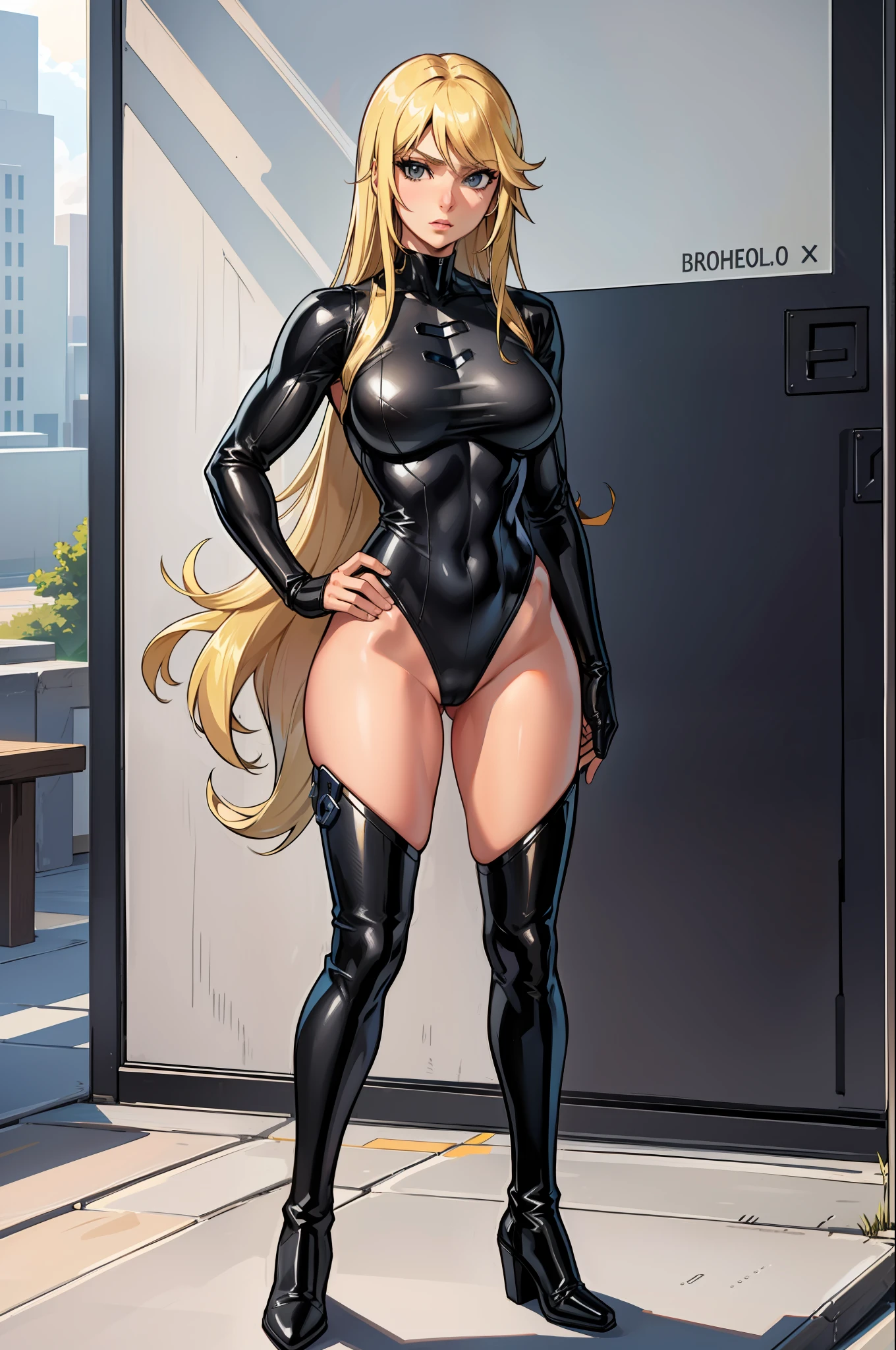 masterpiece, best quality, agrias, grey sweater, black leotard, standing, looking at viewer, blonde hair, superhero, boots, aura