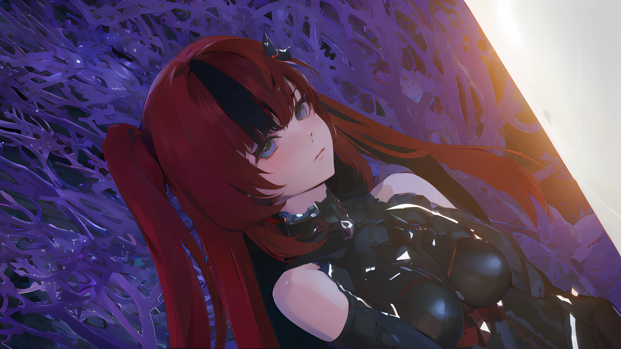 anime girl with red hair and black latex outfit laying on purple background, rendered in sfm, anime styled 3d, anime style. 8k, glowing crimson head, rendered in 4 k, 4 k octan render, unreal engine render + a goddess, rendered in rtx, render of a cute 3d anime girl, rendered in pov - ray, skintight power armor with lights