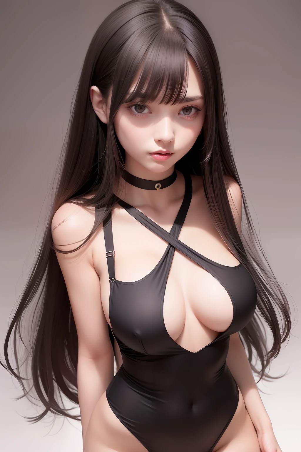 ung and beautiful female college student, with a delicate and beautiful round face, pink lipstick, black smart eyes, shoulder-length loose long hair, black slim suspender dress, slender and tall figure, delicate clavicle, elegant and noble, supple skin, hyper-realism, Bokeh background, soft background light, step forward, front, facing forward,