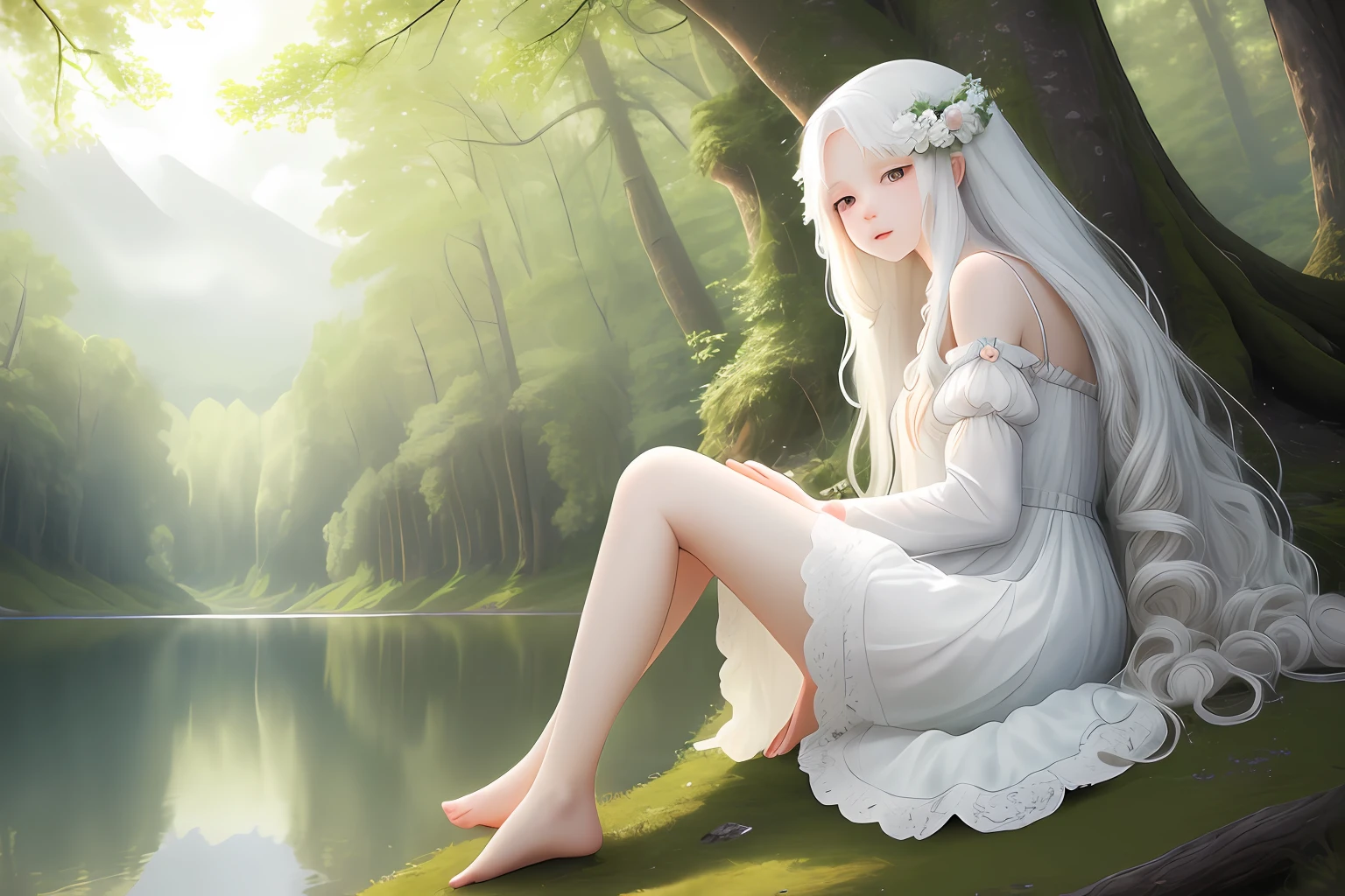(masterpiece, best quality), 1girl with long white hair, beside a lake, forest background, white dress, barefoot,