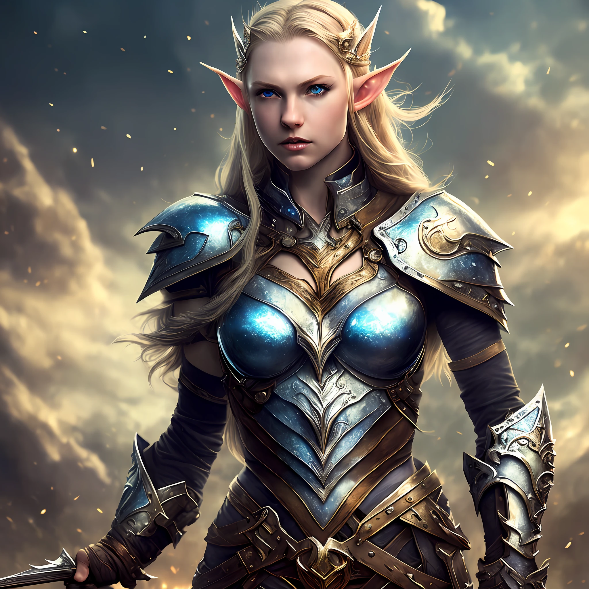 ((masterpiece,best quality)), 4k, multiple exposure, one girl, solo, half elf palladin, longsword, blond hair, blue eyes, tall, chainmail, armor, badass, fantasy style background, looking at viewer, closeup ( ( Correct number of limbs))