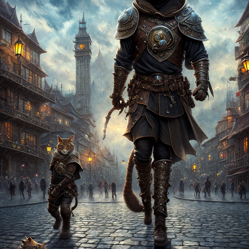Best Quality, Masterpiece, Ultra High Resolution, Detailed Background, Realistic, Illustration, Expressionism, 1 Tabaxi, Solo, alone, single, masculin, Tabby, Leather Armor, Instrument Bell, street spectacle, black clothes, Show, City, Medieval, Reflection, Volume Lighting , depth of field