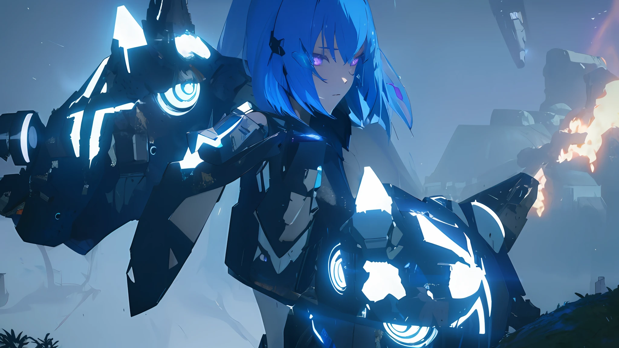 anime girl with blue hair and black gloves holding a glowing gun, glowing lights in armor, with futuristic gear and helmet, freezing blue skin, girl in mecha cyber armor, intricate glowing mecha armor, wearing futuristic armor, unreal engine render + a goddess, cyan lightning, led - lit armor, 4 k octan render, epic cold blue lighting, midriff, bare shoulders, glowing power knuckles with a cartoon dragon face, eyes twards camera, purple eyes