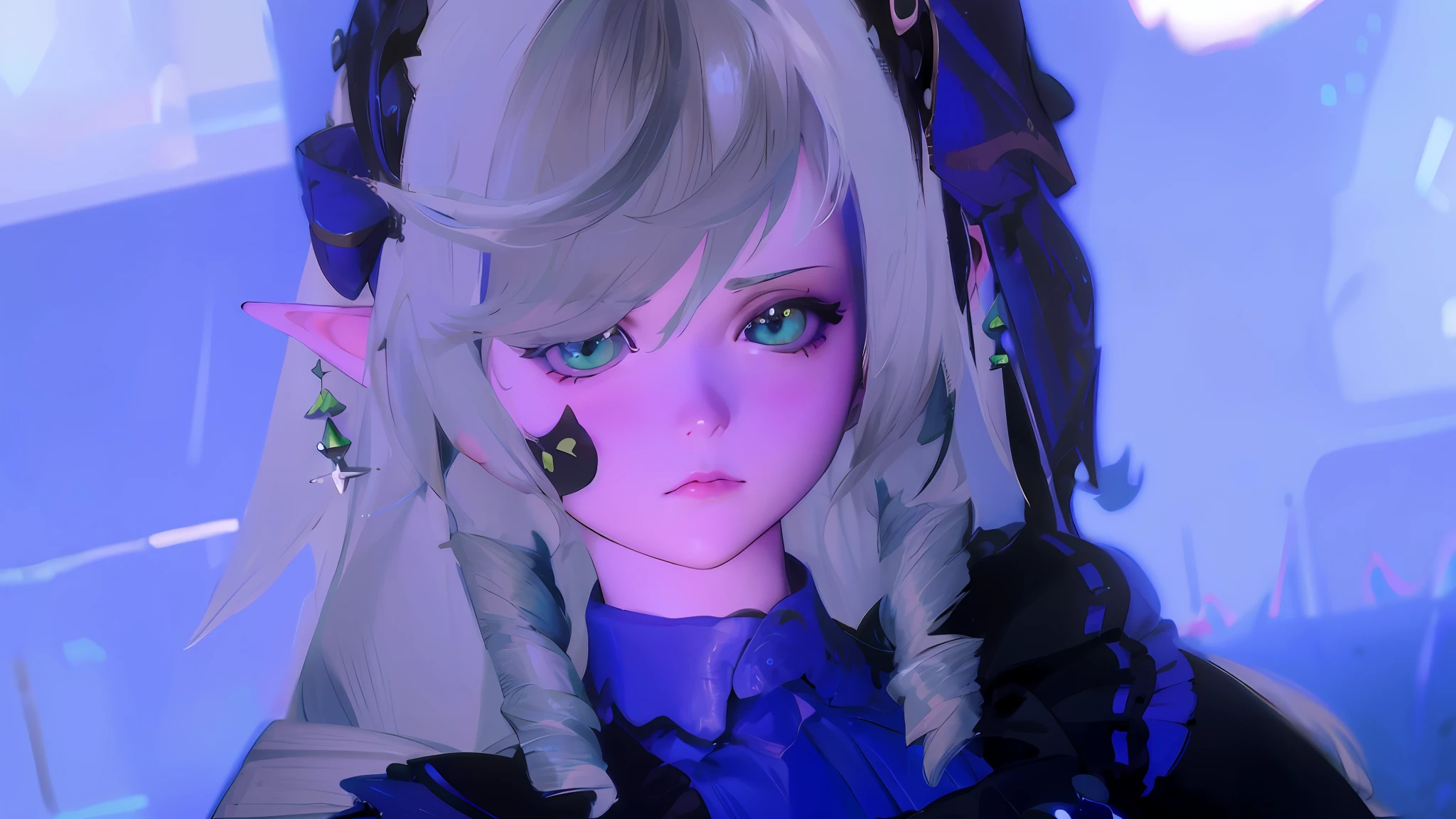 there is a female character with long hair and a blue outfit, close up character, lalafell, anime styled 3d, character close up, sad cerulean eyes, 4 k detail fantasy, character close-up, 8k portrait render, from bravely default ii, with huge luminous sad eyes, close up of a young anime girl, eyeliner, cat sticker on cheek with green eyes, elf ears, granite iris pattern,