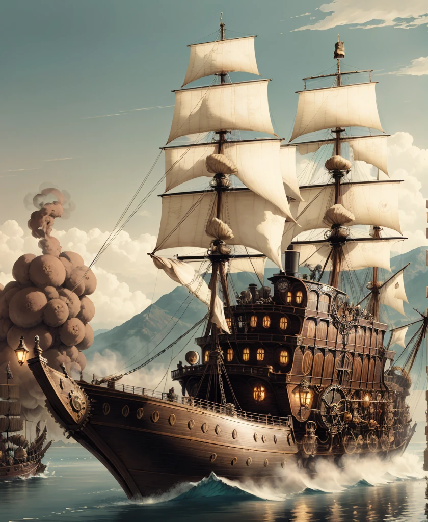 SteamPunkAI , Cogpunk steamboat on a narrow river