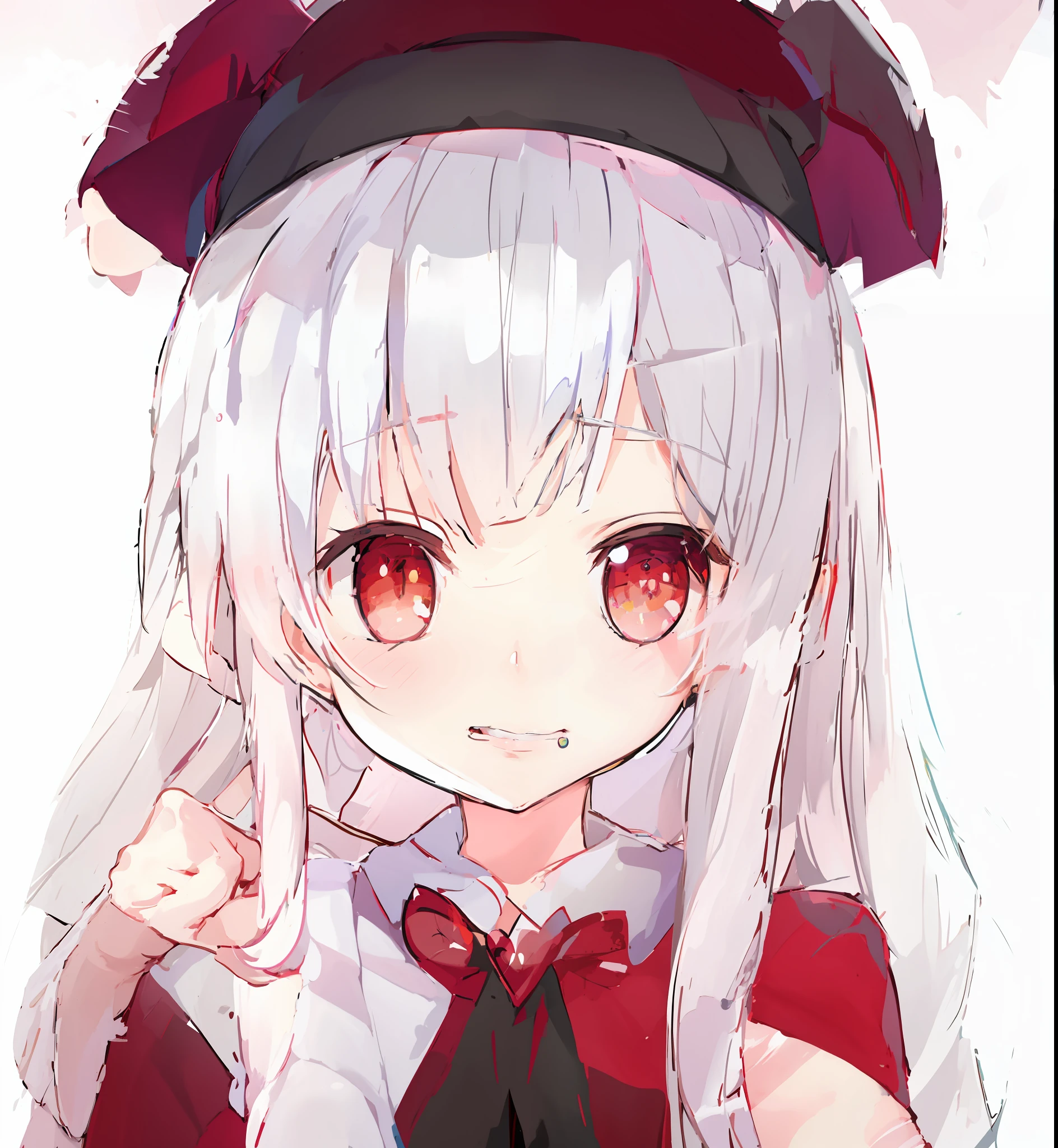 anime girl with white hair and red beret pointing at her finger, anime style portrait, white haired deity, anime portrait, with index finger, anime moe artstyle, cute anime girl portraits, made with anime painter studio, portrait of ((mischievous)), zerochan art, cute anime face, beautiful anime portrait, anime character portrait, cute anime girl portrait