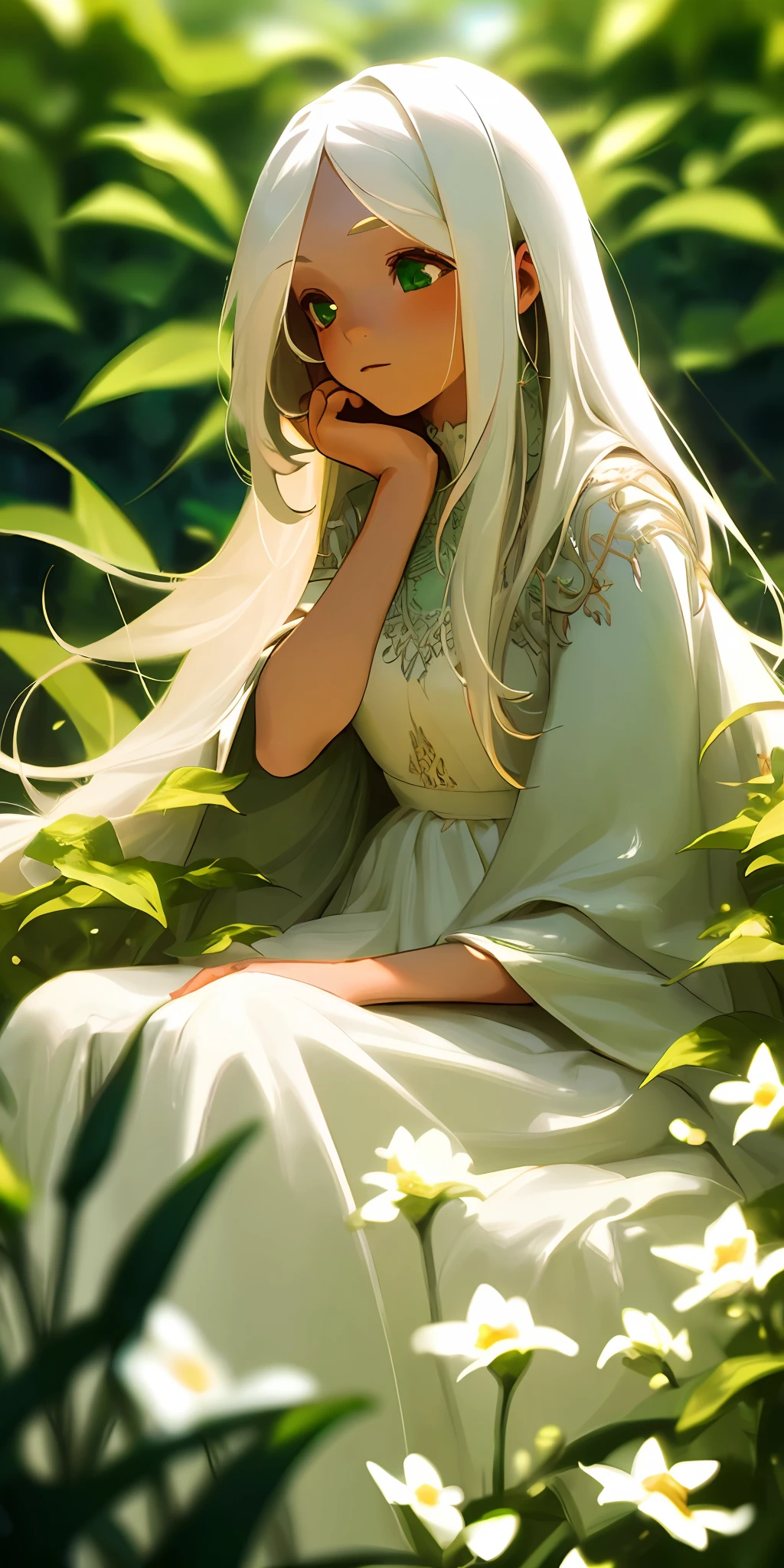 (masterpiece, best quality),1girl with long white hair sitting in a field of green plants and flowers, her hand under her chin, warm lighting, white dress, blurry foreground
