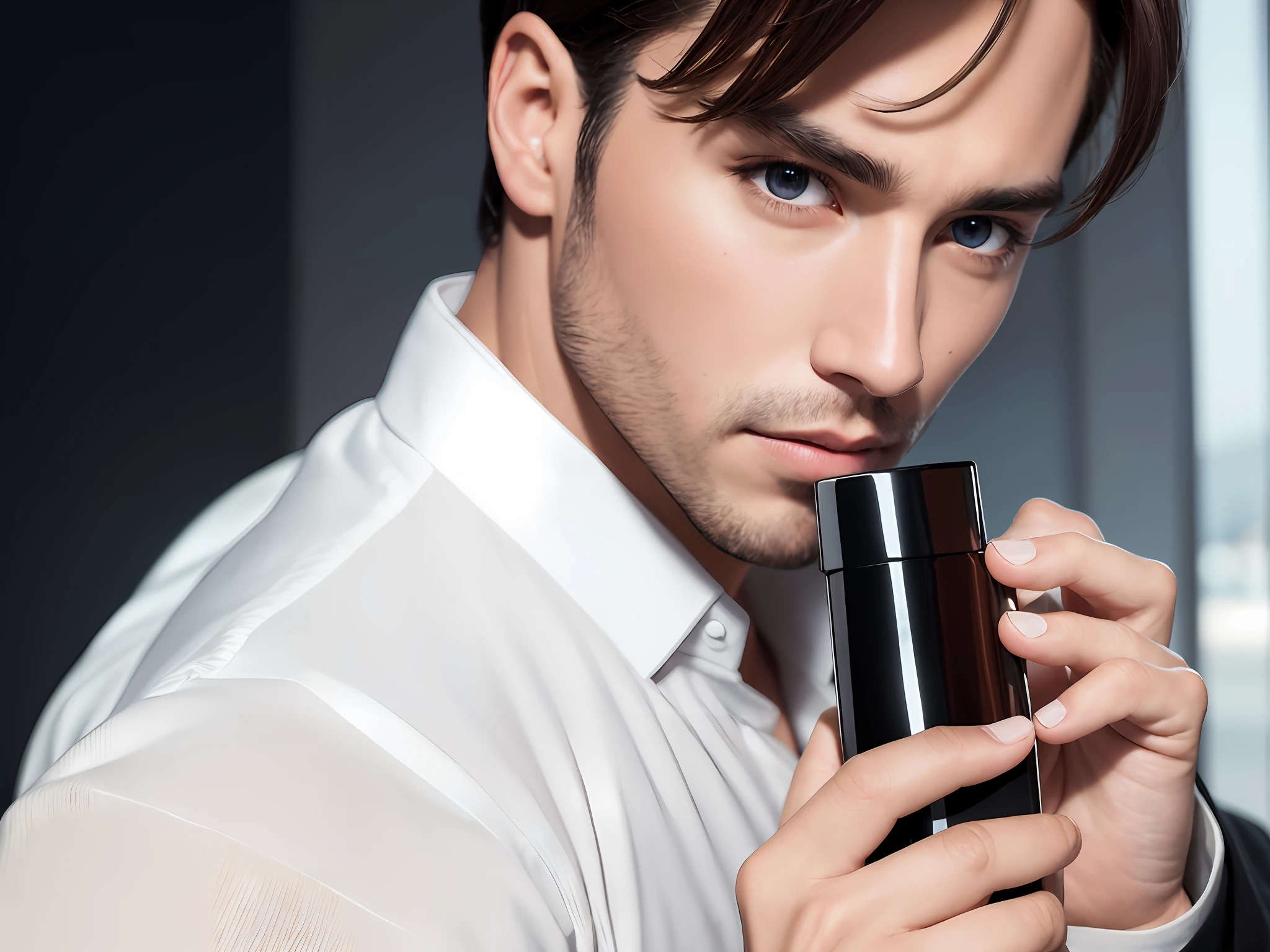 handsome (man) with (perfume bottle) in his hand, captivating gaze, ((close up)), ad, highly dateiled, super high resolution, modelshoot style, raw photo, ad, detailed face, amber eyes, first-person POV, photorealistic