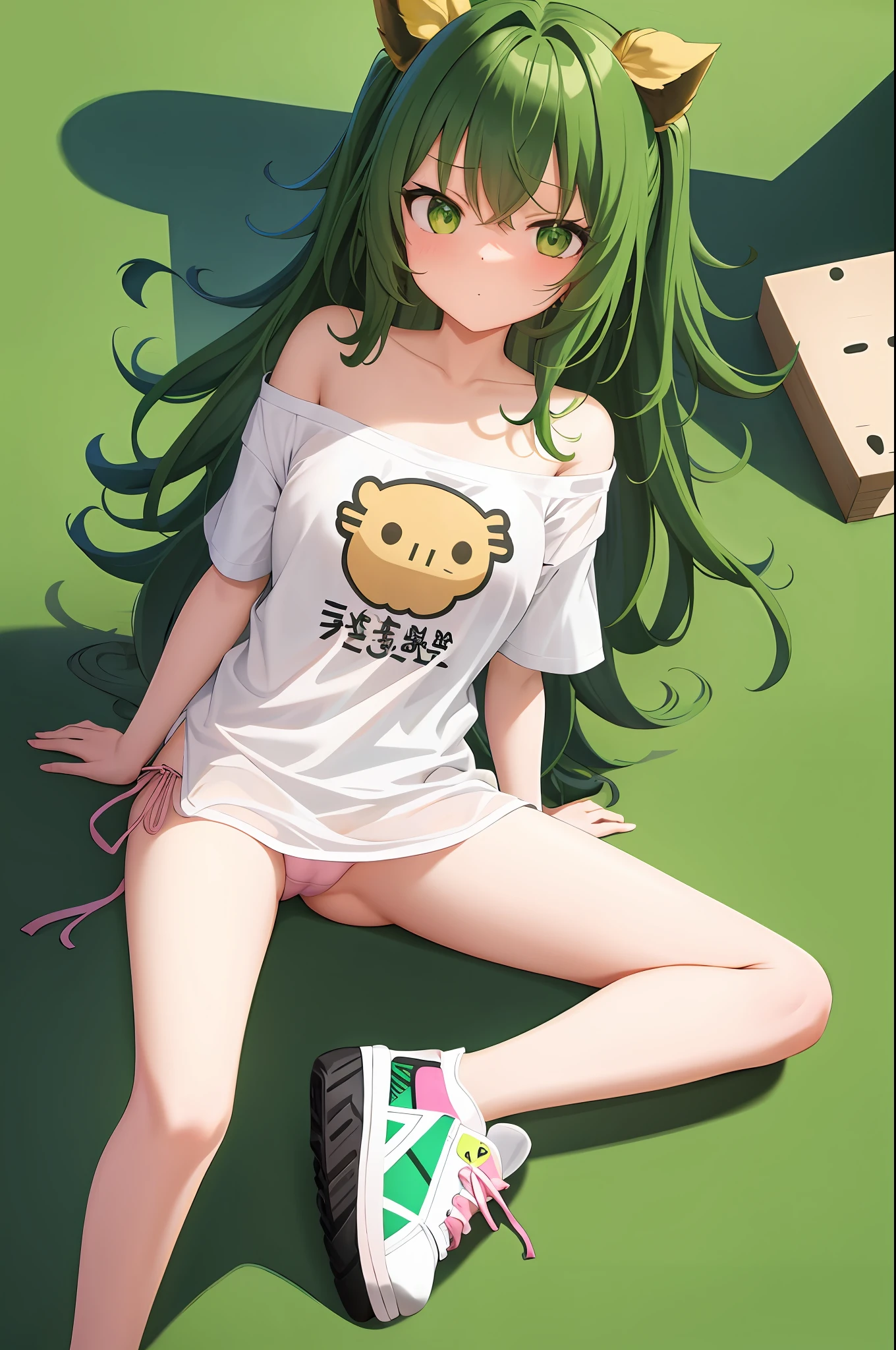 best quality, masterpiece, 1girl, solo, maho, messy hair, full body, green eyes, dark green hair, wariza, t-shirt, white shirt, off shoulder, bottomless, Giantess girl, looming over tiny person, pink sneakers, camel toe panties, vow angle view from floor