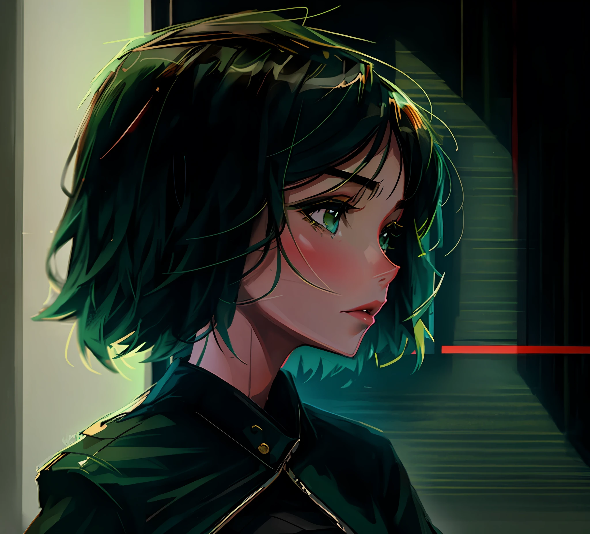 dark green tone, short hair girl, side face