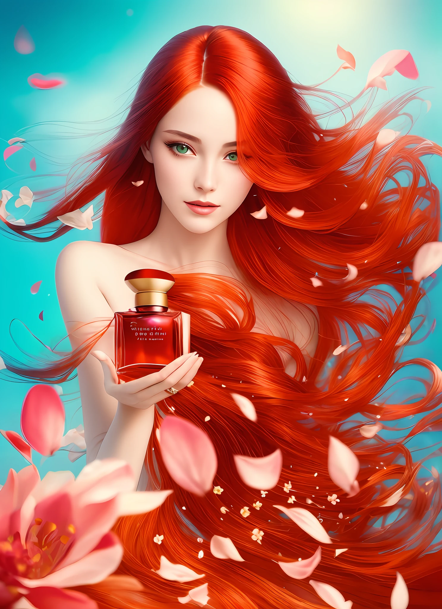Amazingly vivid and captivating "perfume ad" with a soft and dreamy atmosphere, featuring a mesmerizing and gorgeous (1woman) with stunning beauty and delicate features holding a perfume vial, long (red hair) flowing in the wind and delicate fashion, magnificent background with highly saturated colors, interactive flower petals and dancing water droplets, sublime lighting and graceful movements
