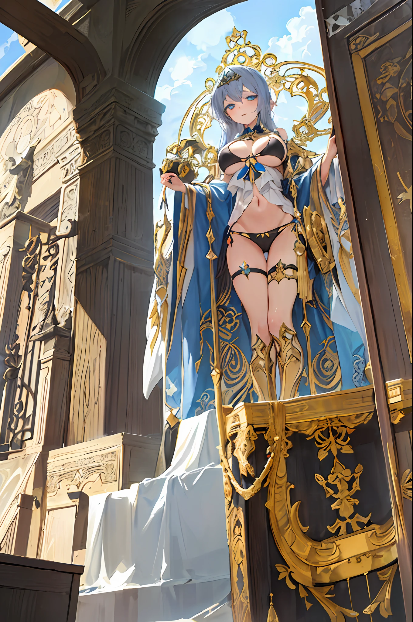 art nouveau, goddess, gigantic, floating, detailed face, detailed eyes, blue eyes, slender, happy, black and gold bikini, gold accessories, tall through clouds