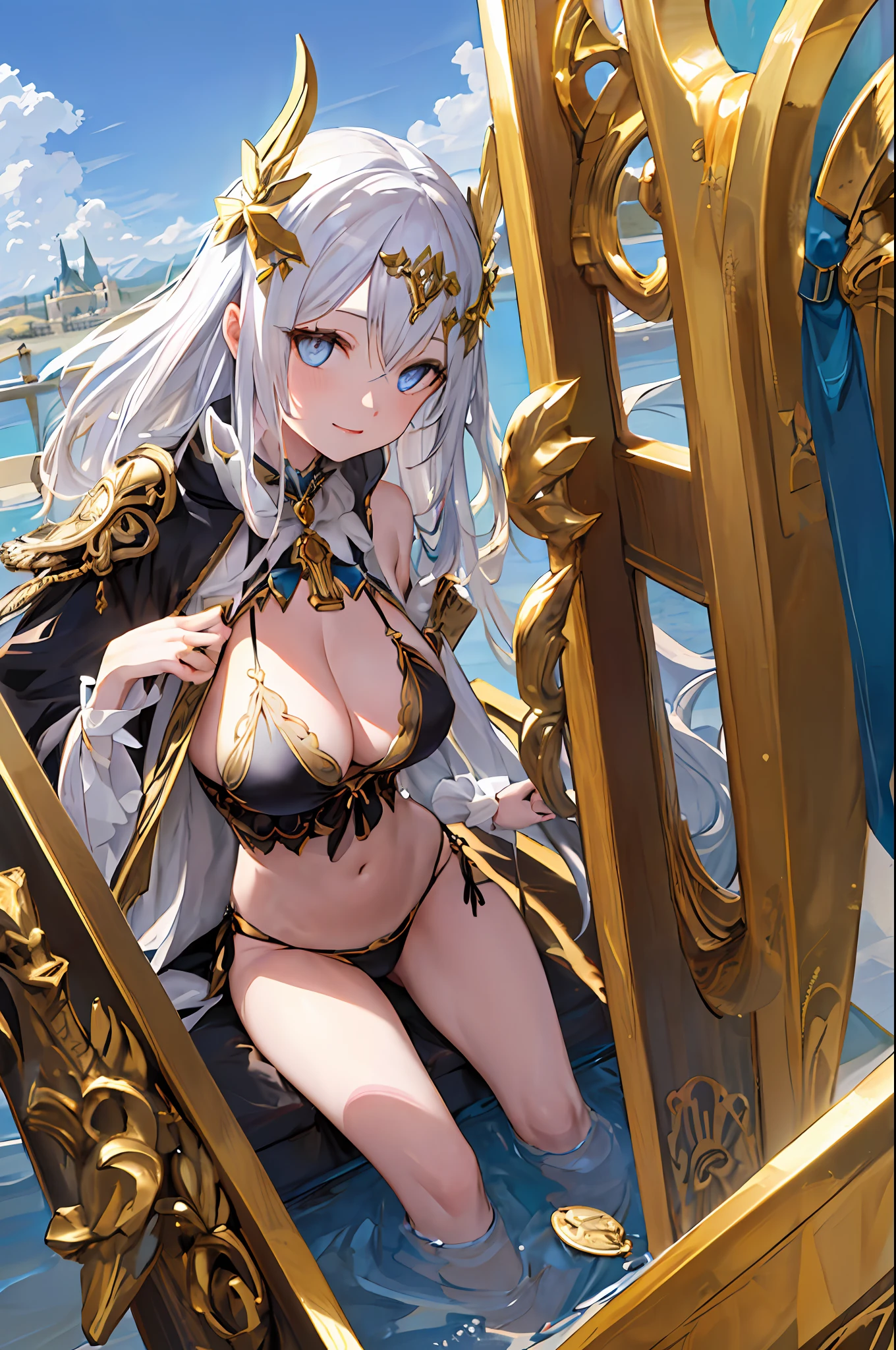 art nouveau, goddess, gigantic, floating, detailed face, detailed eyes, blue eyes, slender, happy, black and gold bikini, gold accessories, tall through clouds