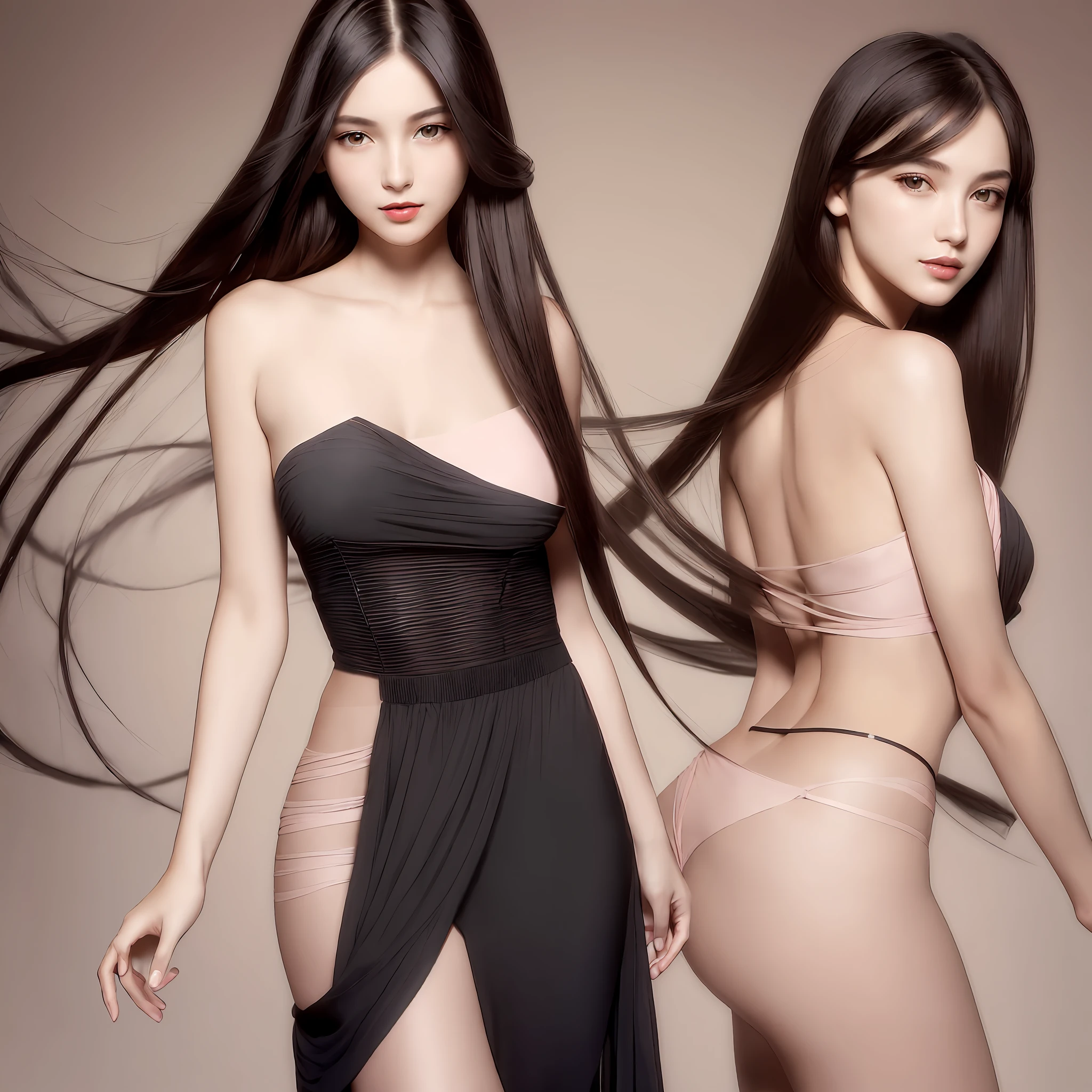 1 young and beautiful female college student, delicate and beautiful round face, pink lipstick, black smart eyes, shoulder-length loose long hair, black slim hip-length dress, slender and tall figure, delicate clavicle, elegant and noble, supple skin, blurred background , soft background light, step forward, front, facing forward,