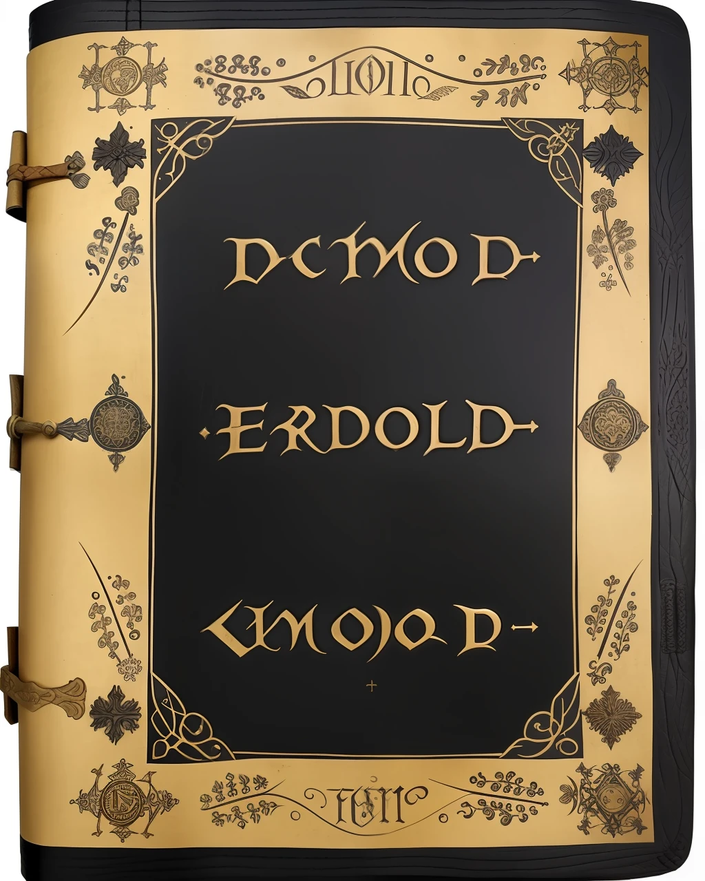 the front cover of an ancient medieval English grimoire featuring one word in gold letters, matte black leather, tooling, view from above, centred, extremely high details, scruffy:1.5, rough:1.5, stained:1.5, muted natural colours:1.0
