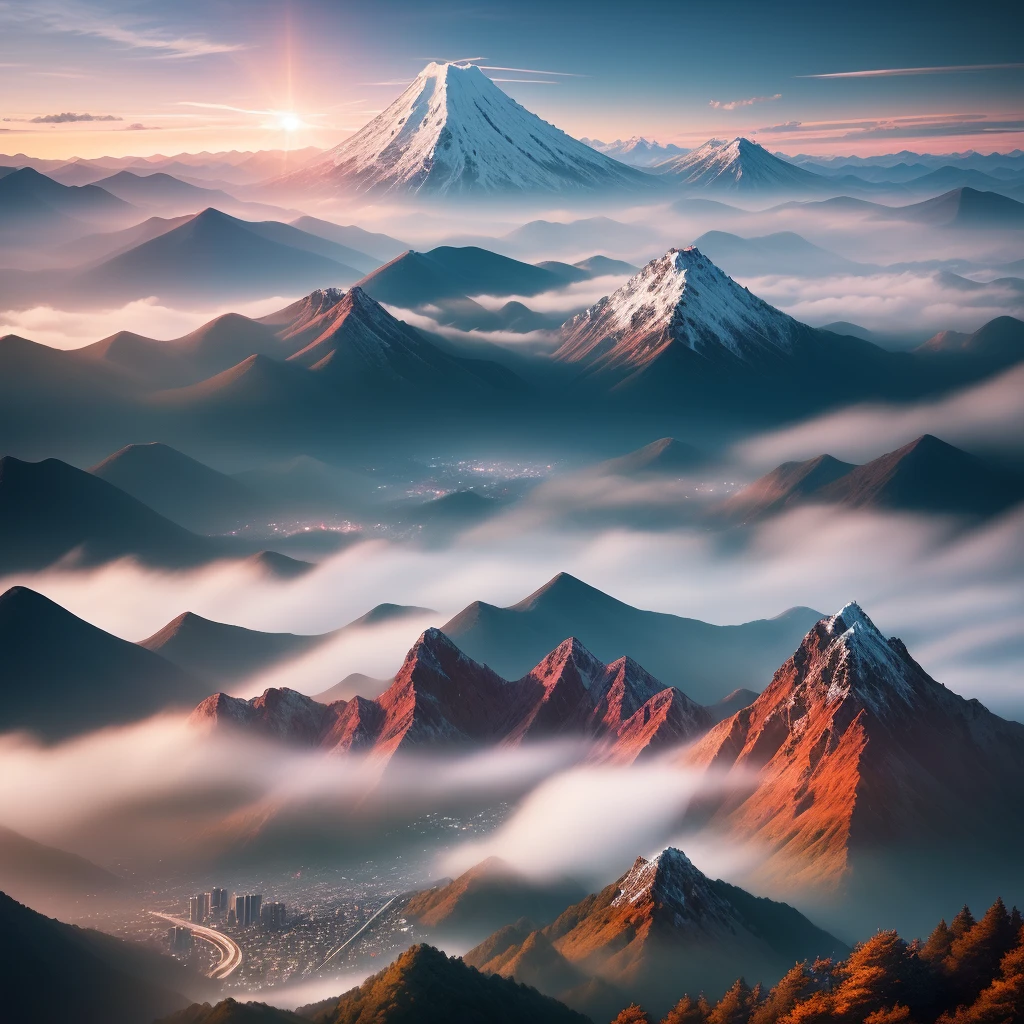 japan nature landscape, aerial view, drone photography, cinematic, mountains and tokyo city, cinematic view, epic sky, detailed, low angle, high detail, warm lighting, volumetric, godrays, vivid, beautiful, by jordan grimmer, huge scene, sunrays, Fujifilm GFX 50S