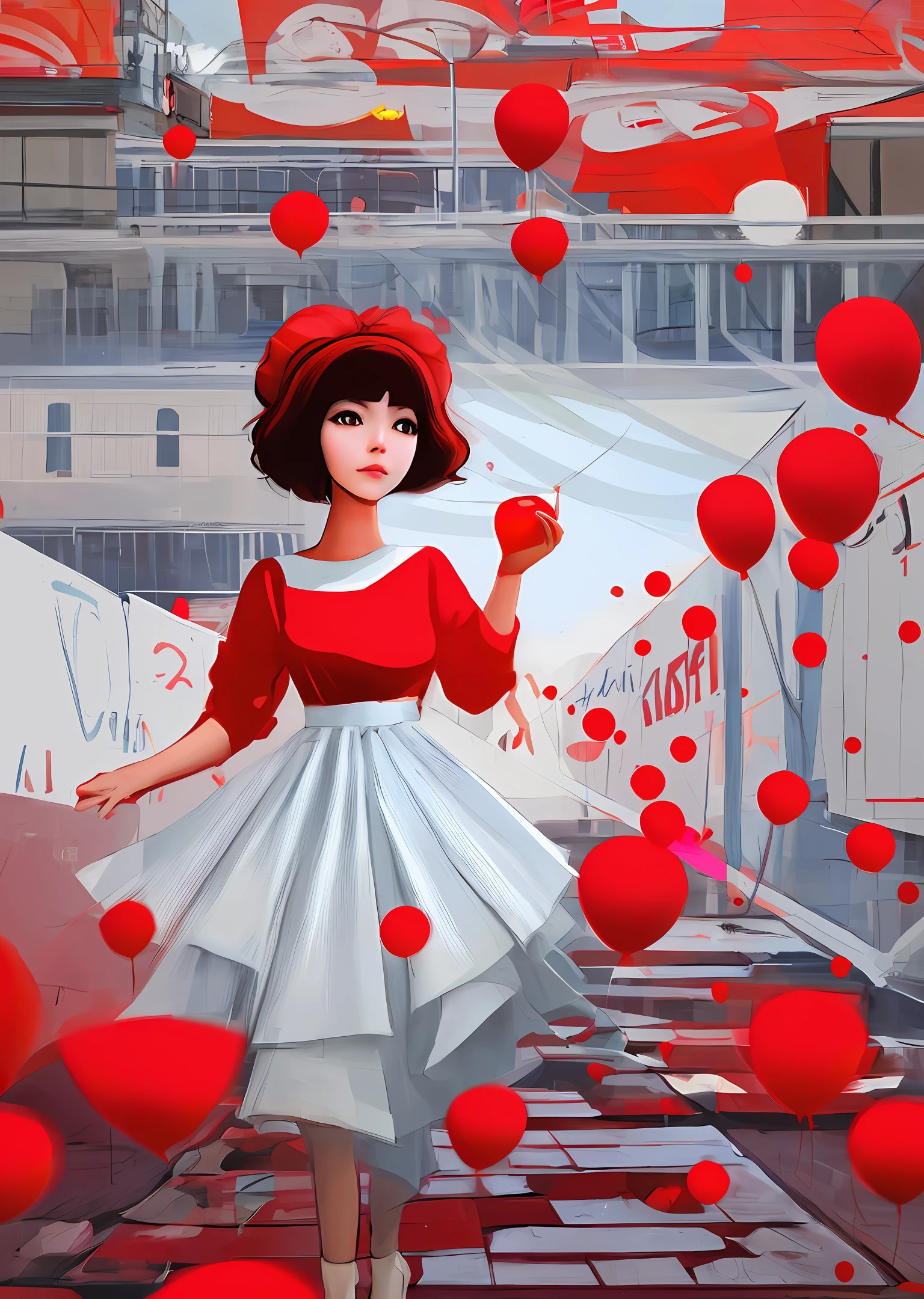 painting of a woman holding a red balloon in her hand, an expressive digital painting, expressive digital painting, digital art ilya kuvshinov, colorful digital painting, with a red halo over her head, digital painting - n 5, inspired by Satoshi Kon, #1 digital painting of all time, # 1 digital painting of all time, painterly illustration