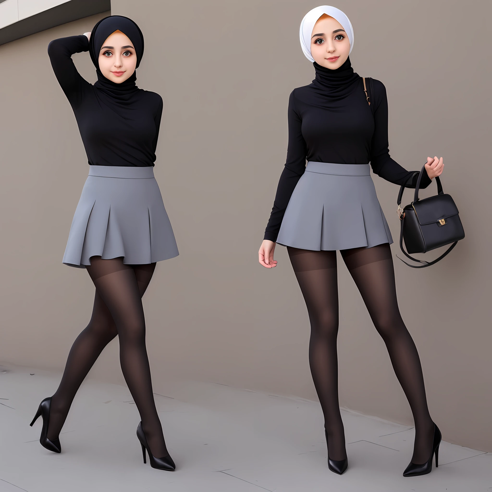 (hijab), (turtleneck), (mini skirt),(full body), (türkish girl), (high heels), (pantyhose)