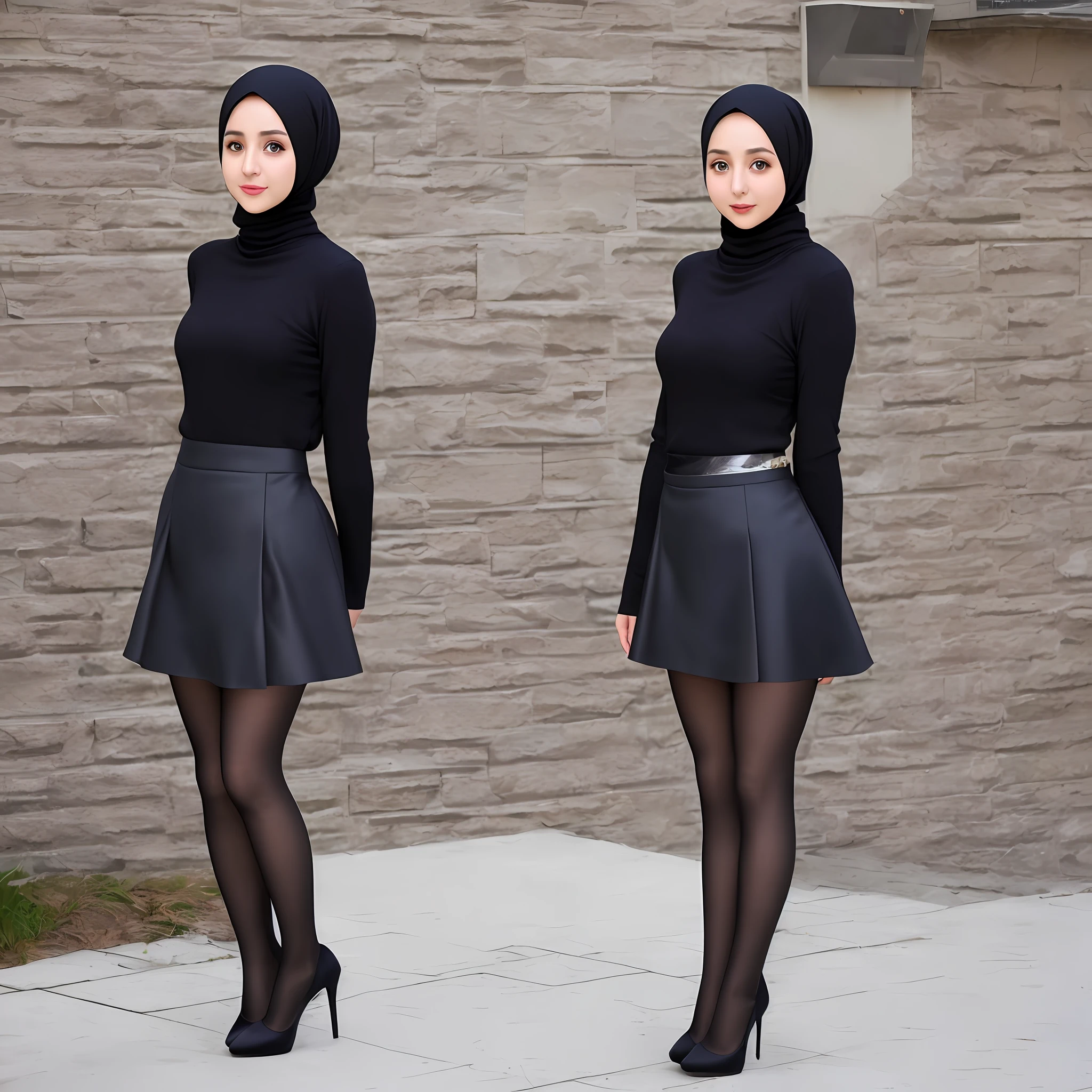 (hijab), (turtleneck), (mini skirt),(full body), (türkish girl), (high heels), (pantyhose),