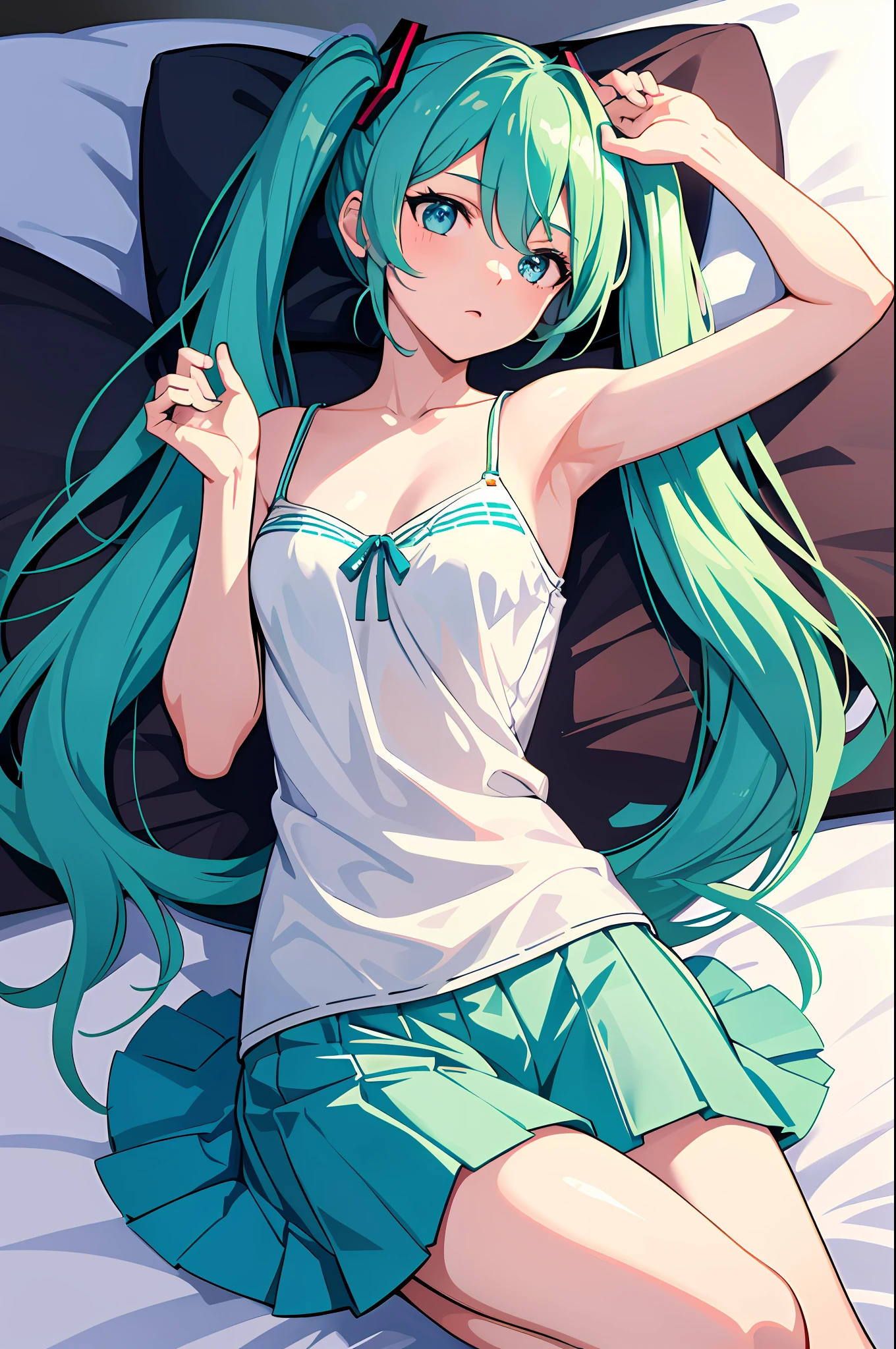 best quality, high resolution, distinct image, 1girl, hatsune miku, medium breasts, armpits, pillow, bed, messy room