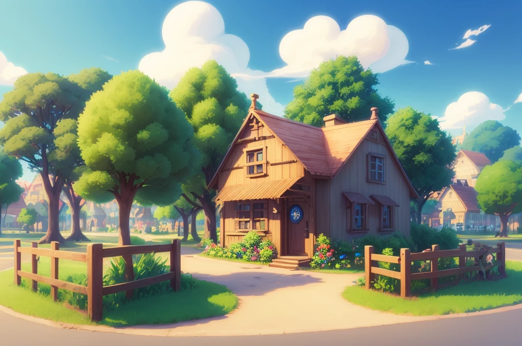 world, simple design, cute design, tree, cloud, mobile game art, 3d stylized scene, official artwork, promo art, casual game, town background, park background, stylized game art, cutest, shop, house, building, pixar style