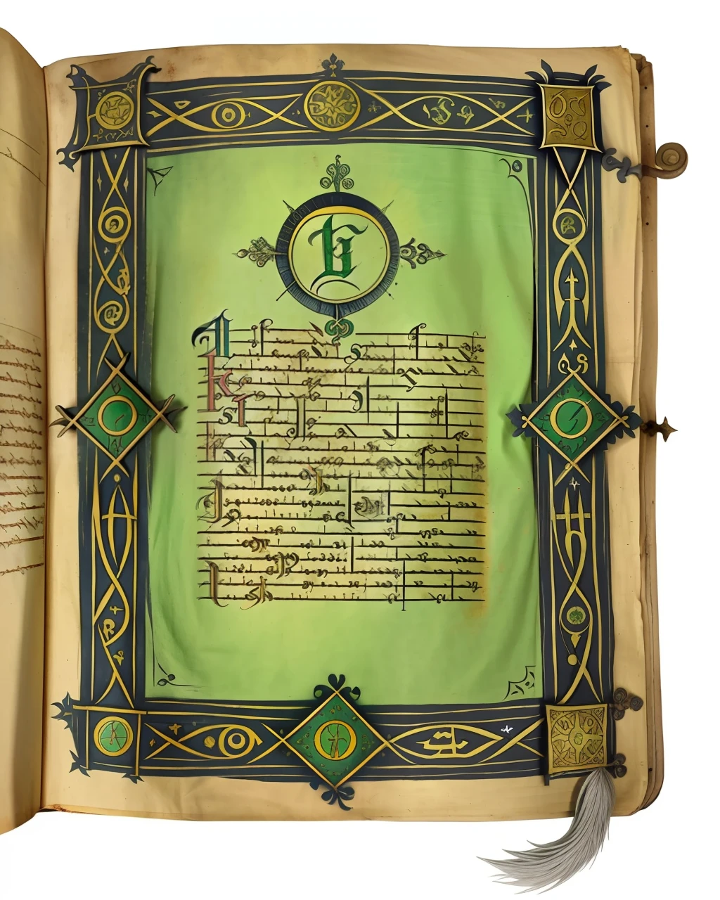 the front cover of an ancient medieval English grimoire featuring one word in gold letters, green and silver and gold parchment, alchemical symbols, view from above, centred, extremely high details, scruffy:1.5, rough:1.5, stained:1.5, bright natural colours:1.5