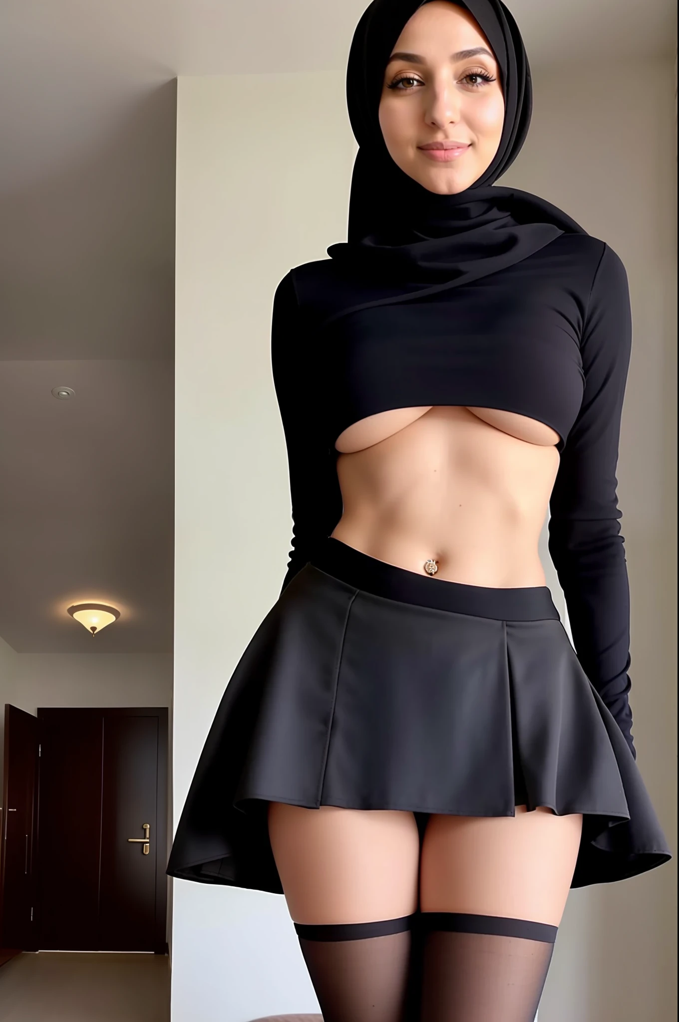 (hijab), (turtleneck), (mini skirt),(full body), (türkish girl), (high heels), (pantyhose), (bigger boobs), (underboobs)