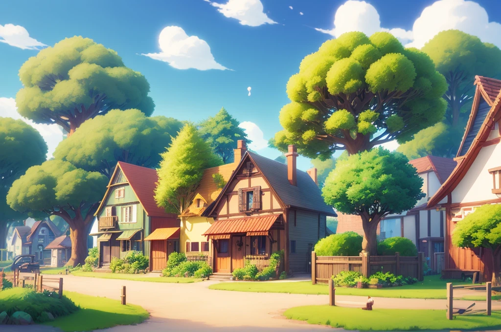 In game image, world, cute design, simple tree, 3d cloud, mobile game art, 3d stylized scene, official artwork, promo art, casual game, town background, park background, stylized game art, cutest, shop, house, building, ghibli style